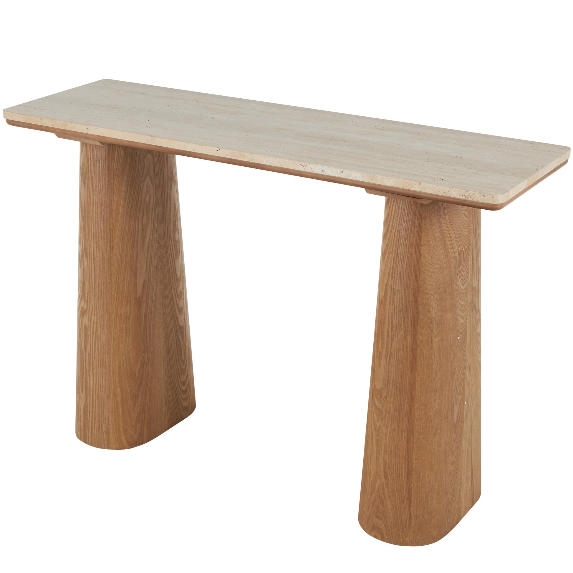 Brown Wood Rectangular Living Room Console Table with Rectangle Beige Marble Tabletop