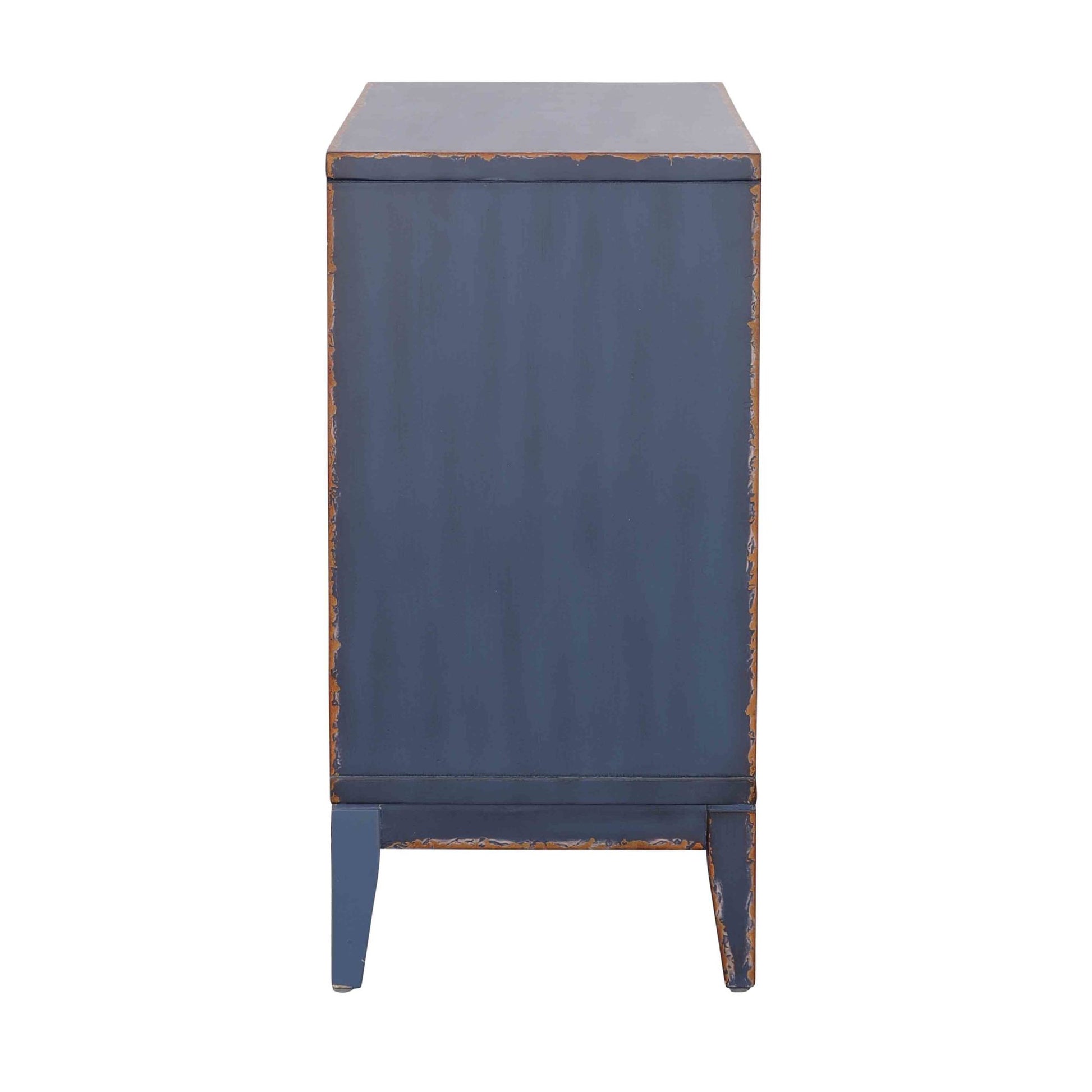 Geometric Blue Wooden Ribbed Square Patterned 2 Door Room Cabinet with Brown Distressing