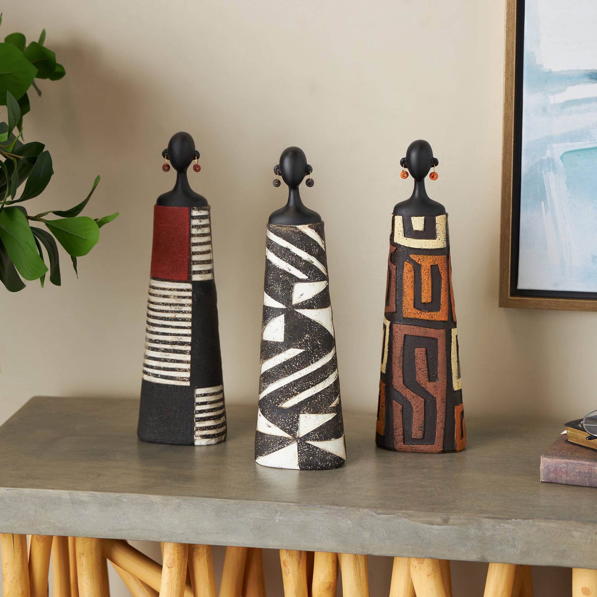 Set of 3 Woman Black Resin African Decorative Sculpture with Red, Orange, and White Dresswear