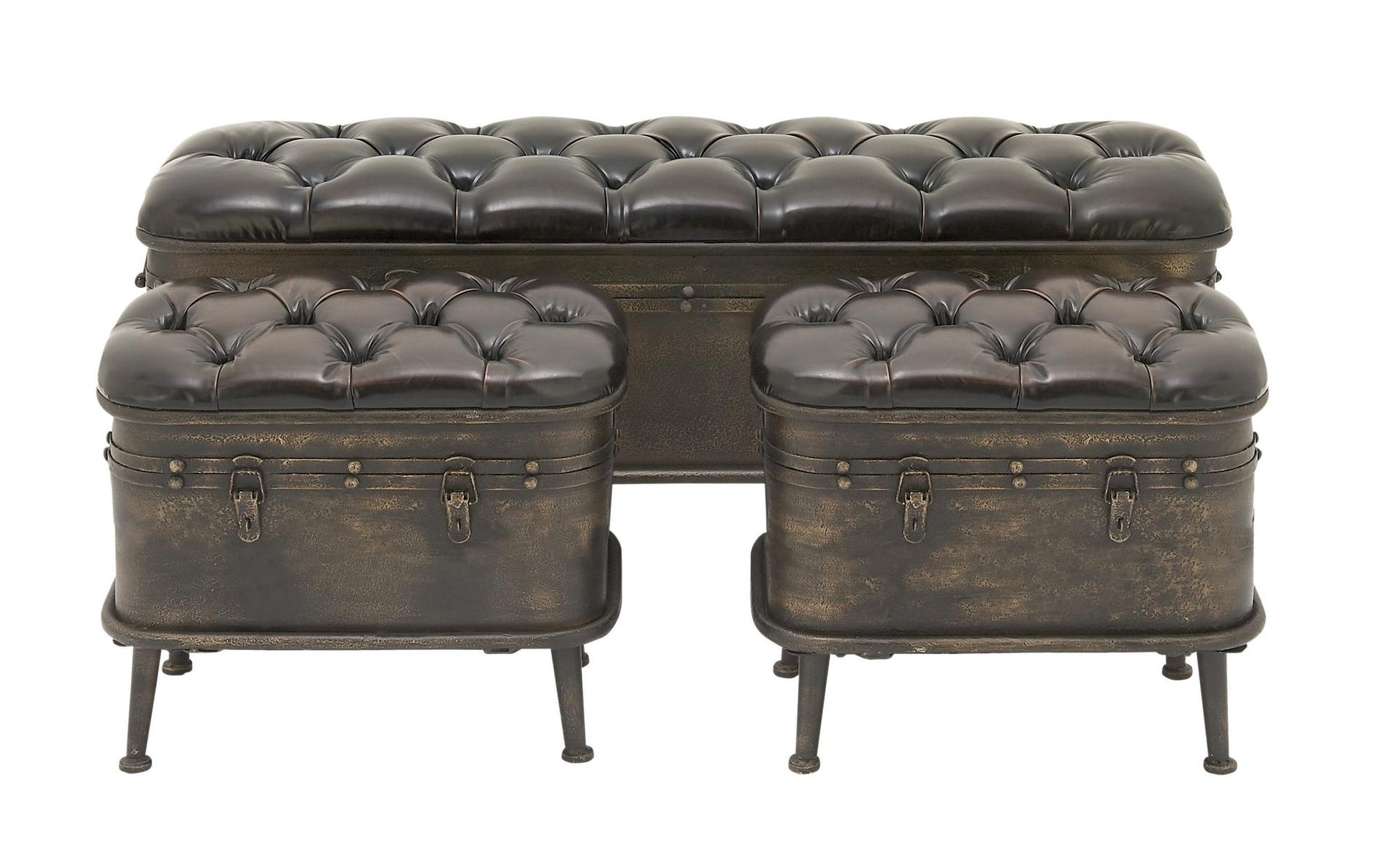 Set of 3 Bronze Metal Weathered Room Storage Bench with Dark Brown Tufted Faux Leather