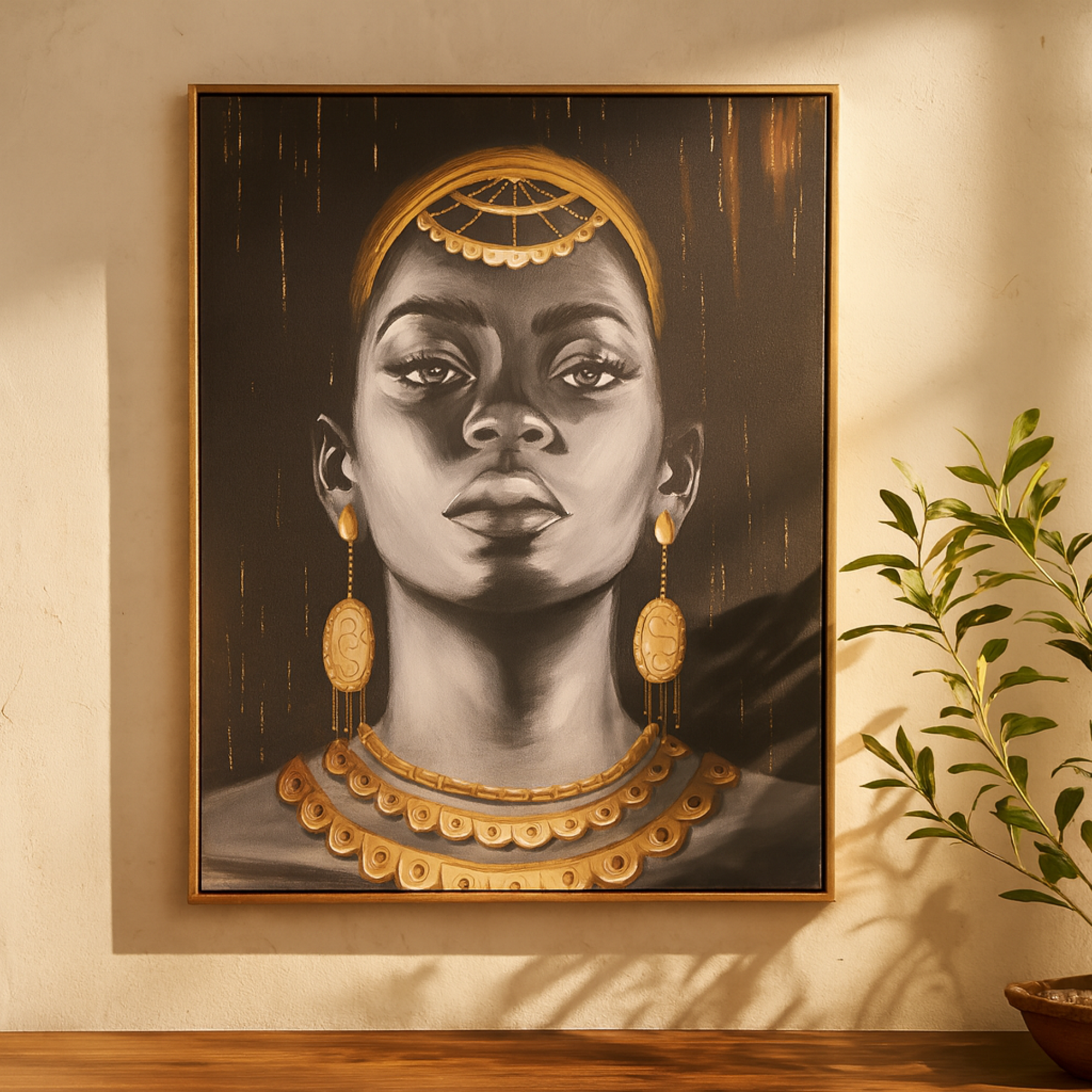 Woman Black Canvas Shaded Living Room Framed Wall Art with Decorative Jewelry and Gold Foil Accents