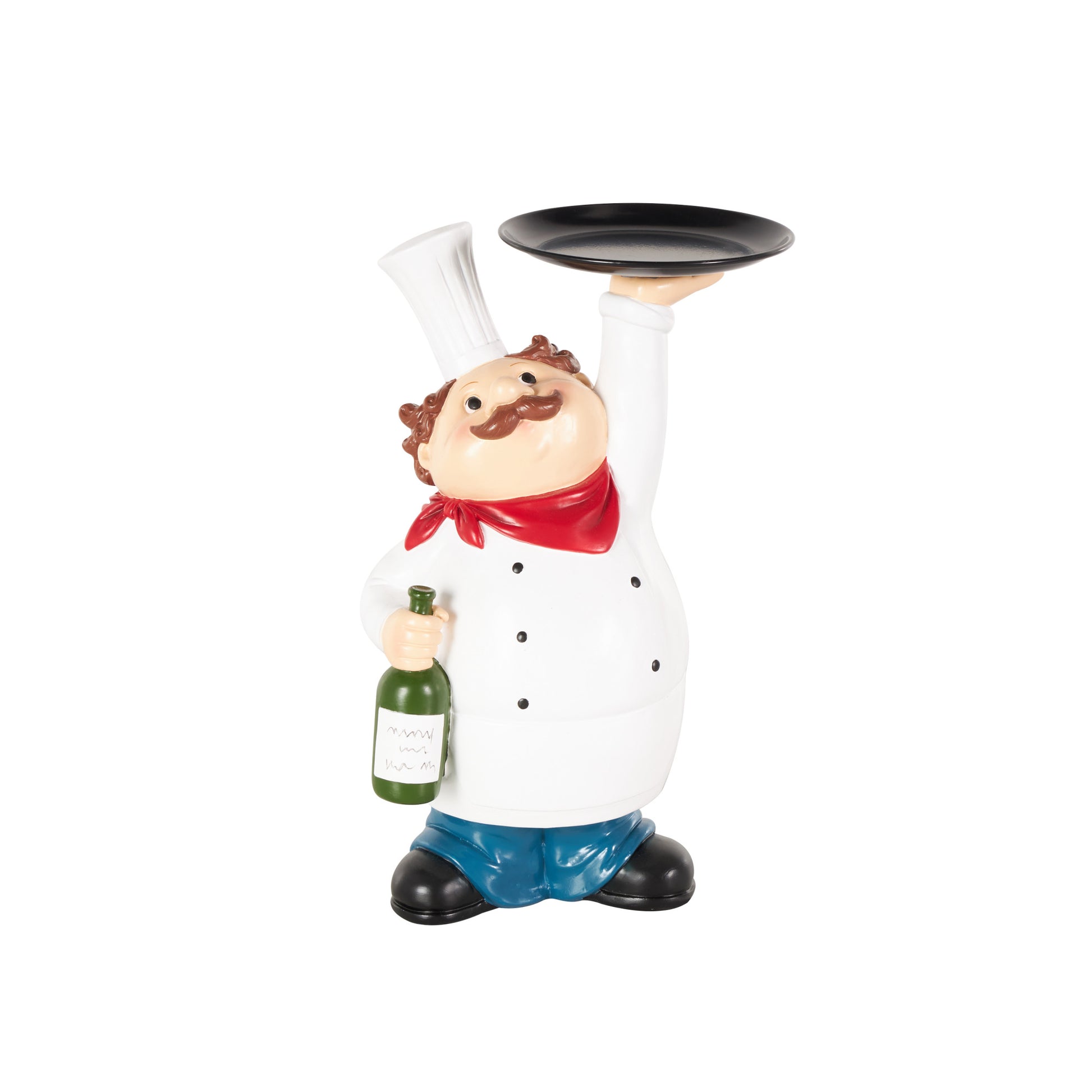 Chef White Polystone Kitchen Decorative Figurine Decorative Sculpture with Black Tray and Green Bottle