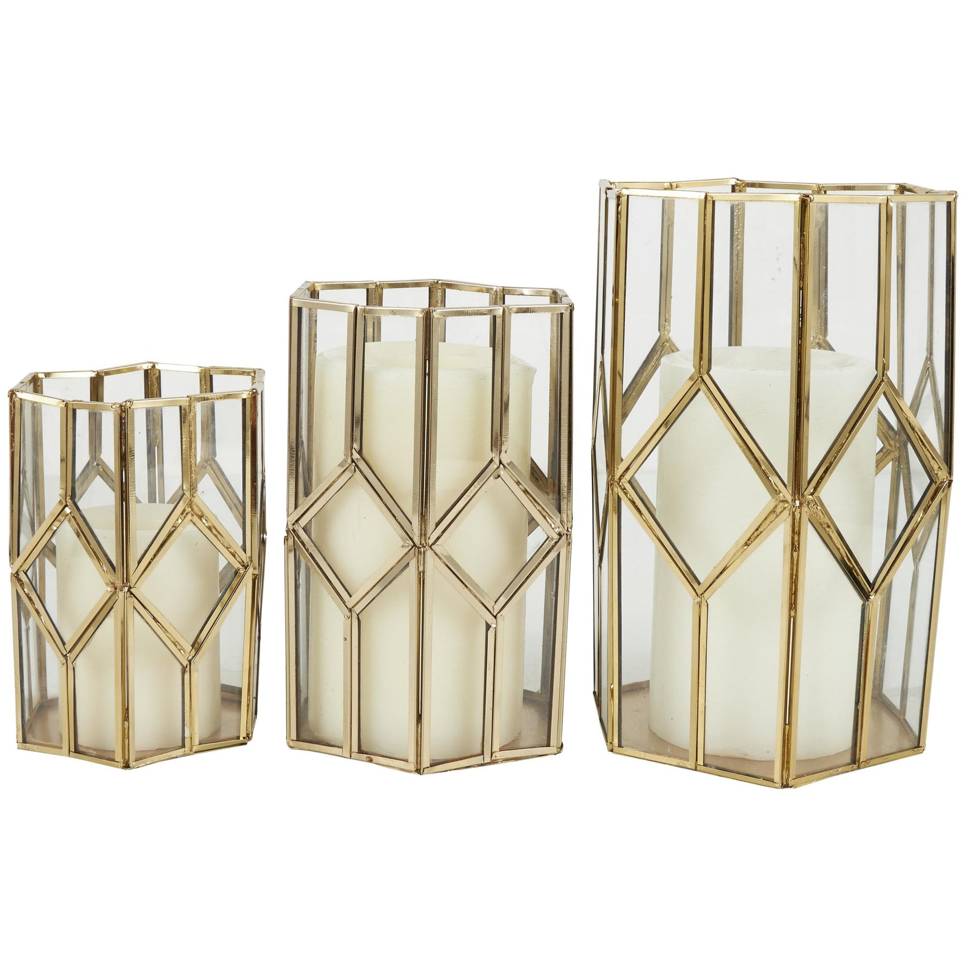 CosmoLiving by Cosmopolitan Set of 3 Geometric Gold Metal Diamond Patterned Hexagon Indoor Outdoor Candle Lantern with Clear Glass