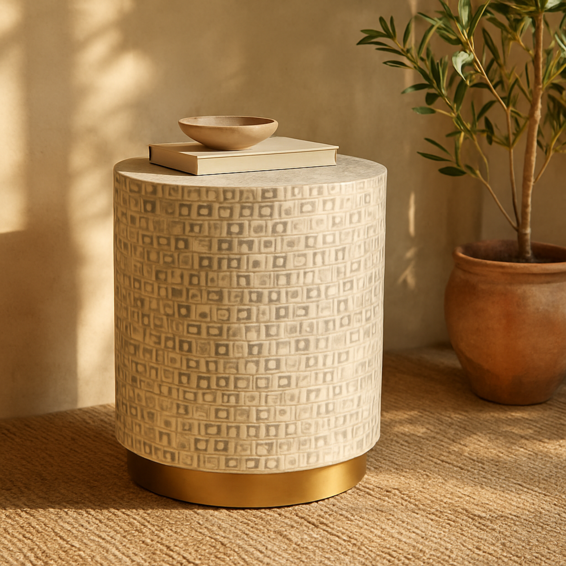 Geometric Mother of Pearl Shell Side End Accent Table with Gold Base 18" x 18" x 22"