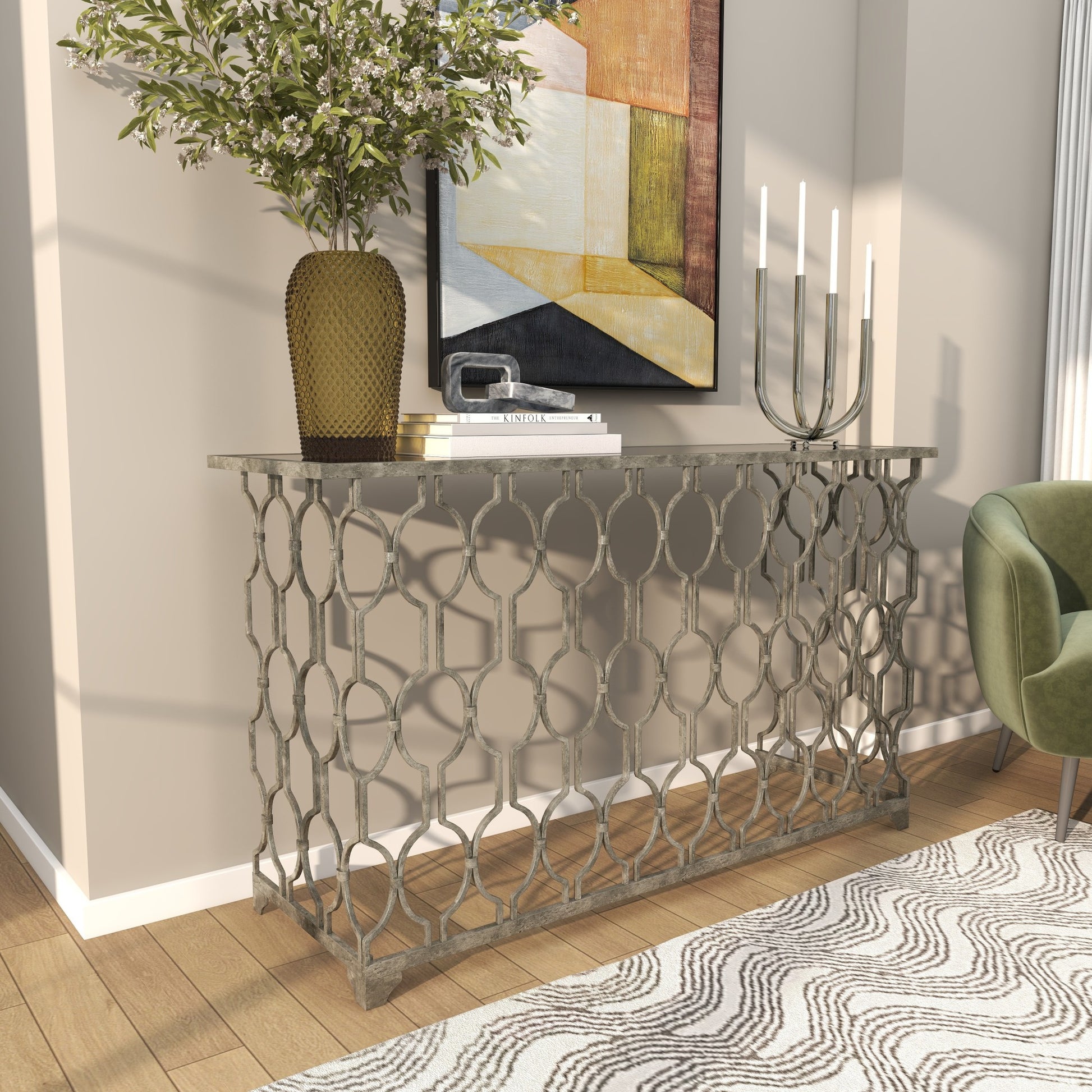 Geometric Silver Metal Rectangular Living Room Console Table with Mirrored Glass Top
