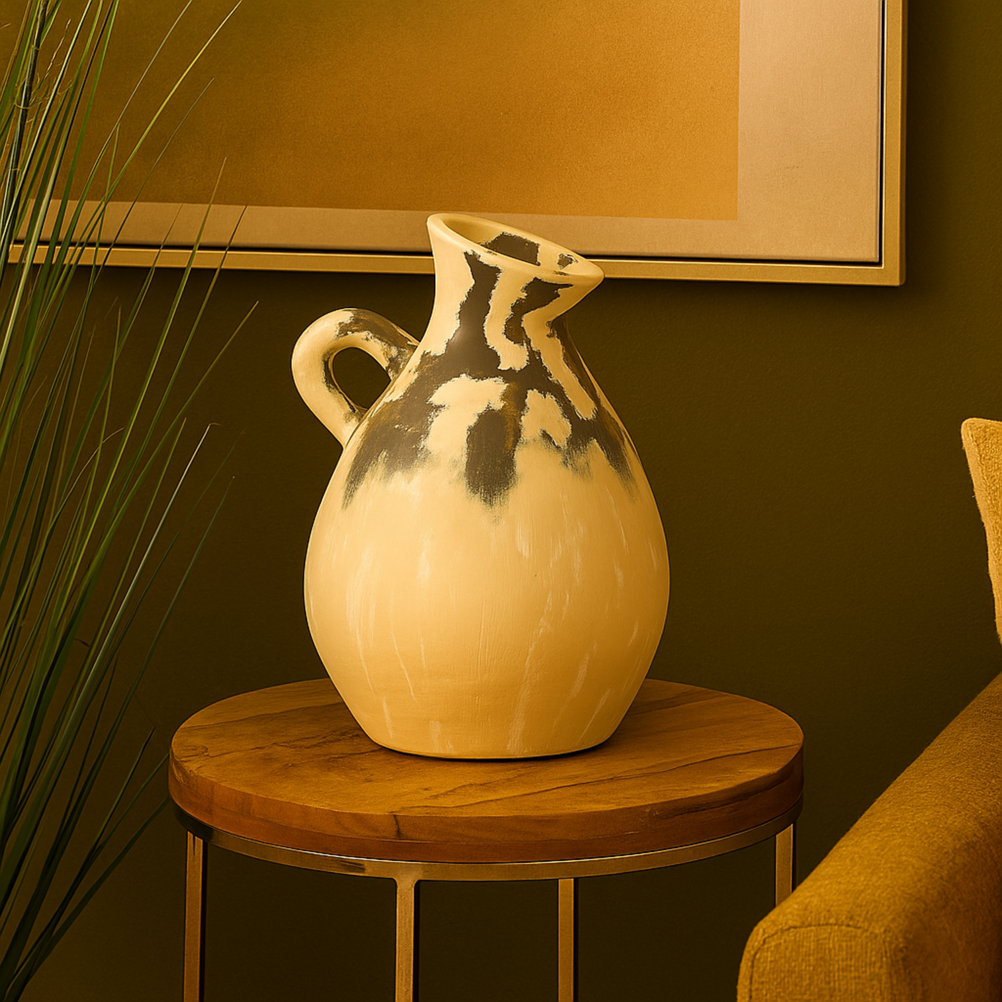 Cream Ceramic Antique Style Pot Decorative Vase with Curved Handle