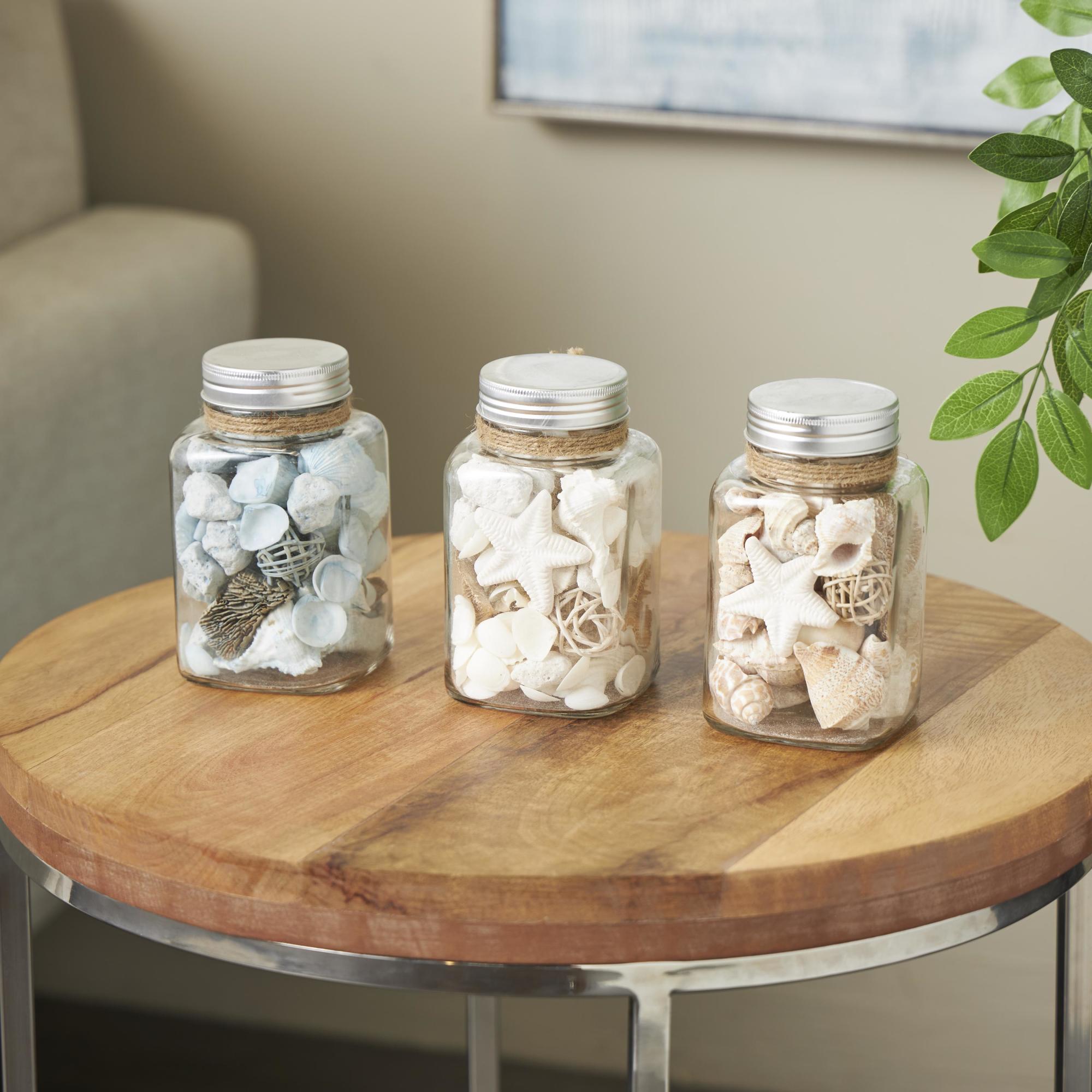 Set of 3 Clear Glass Decorative Orbs & Vase Filler with Seashells and Jute Rope Accents