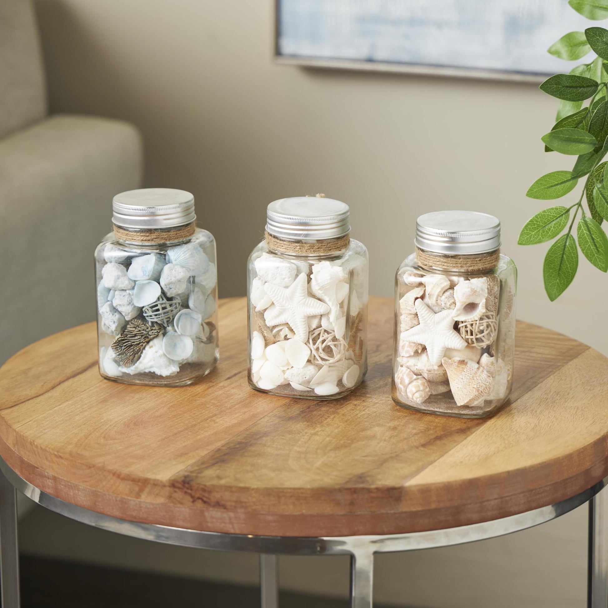 Set of 3 Clear Glass Decorative Orbs & Vase Filler with Seashells and Jute Rope Accents