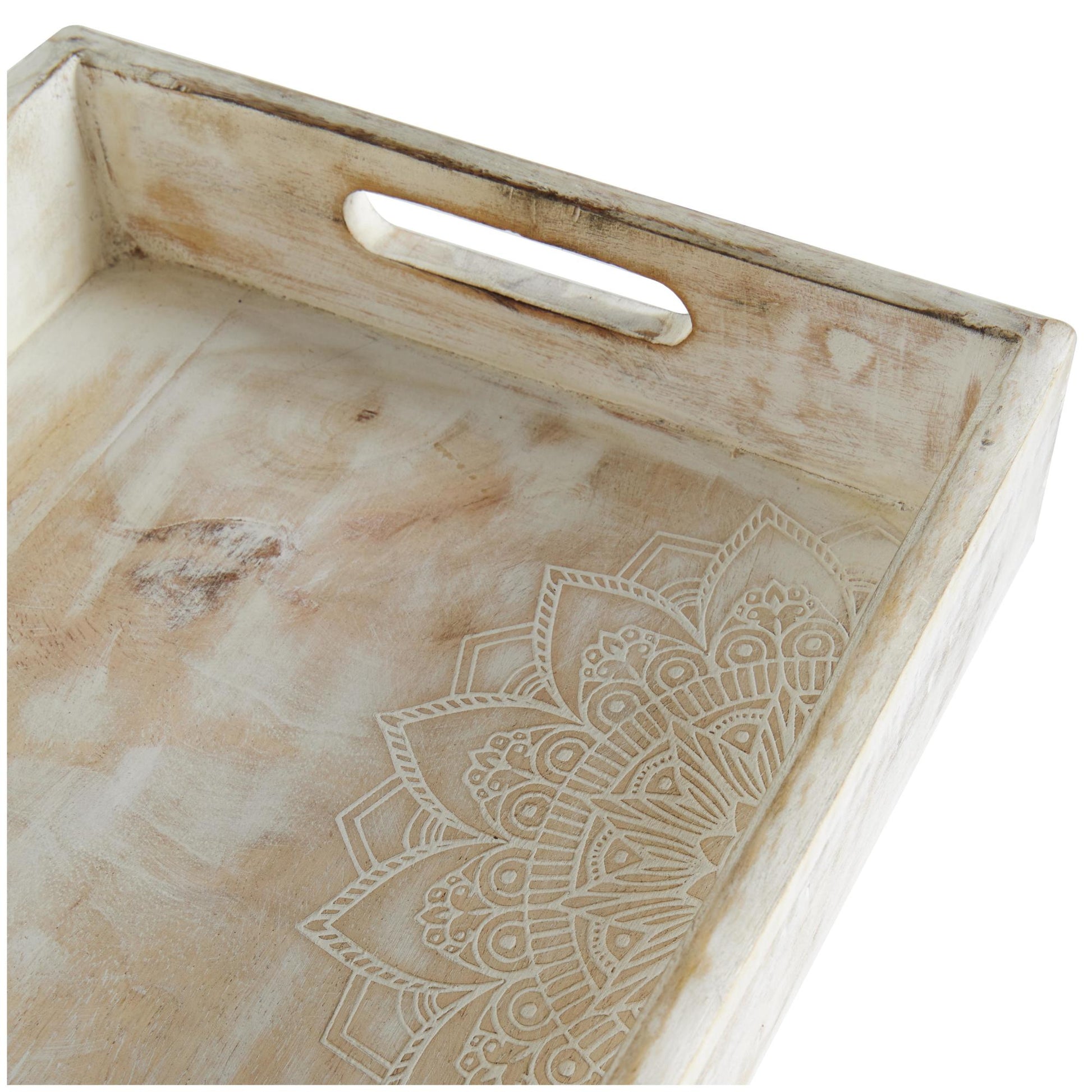 Set of 2 Cream Mango Wood Handmade Whitewashed Living Room Decor Tray with Carved Mandala Interior