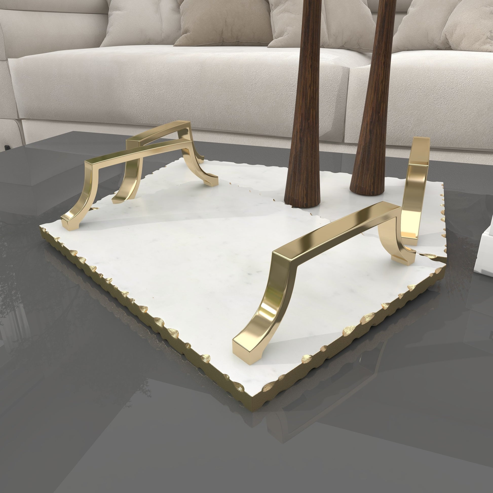 Set of 2 Marble Scalloped Living Room Decor Tray with Gold Metal Handles