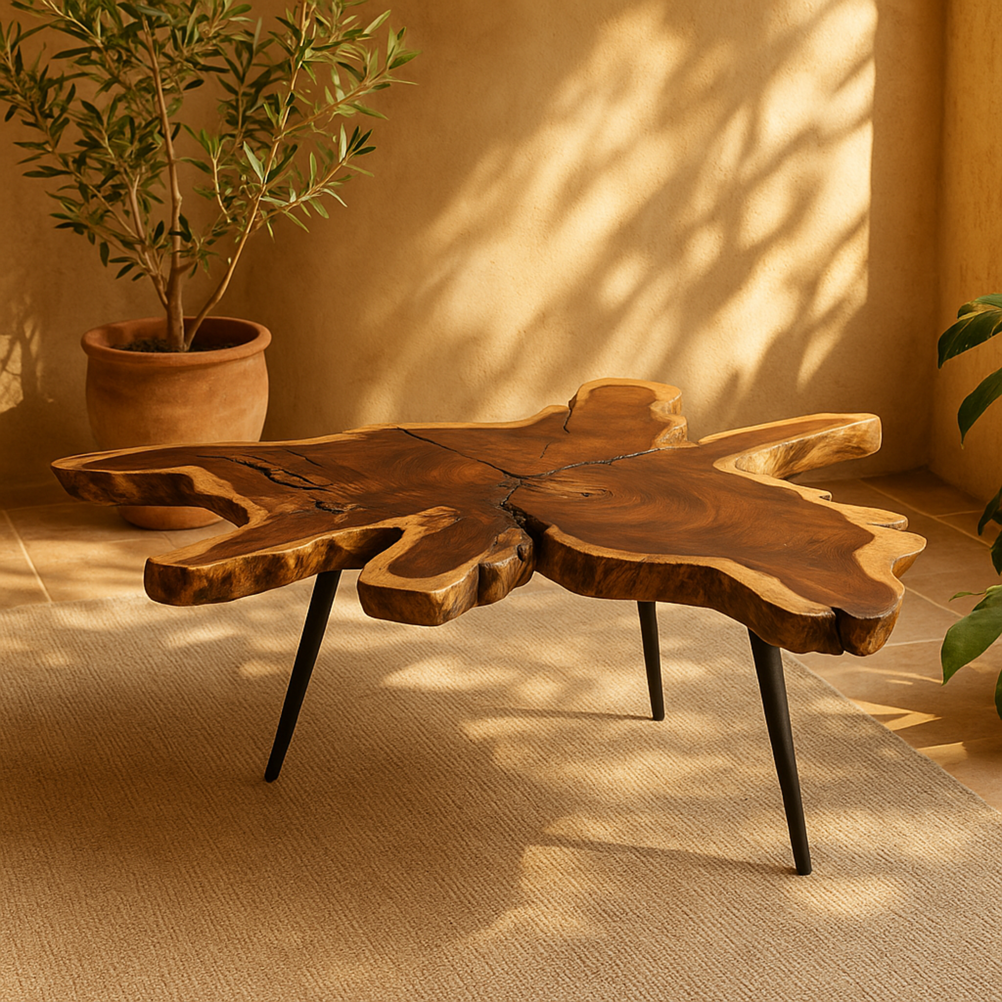 Brown Wood Handmade Live Edge Top Living Room Coffee Table with Black Metal Tripod Legs