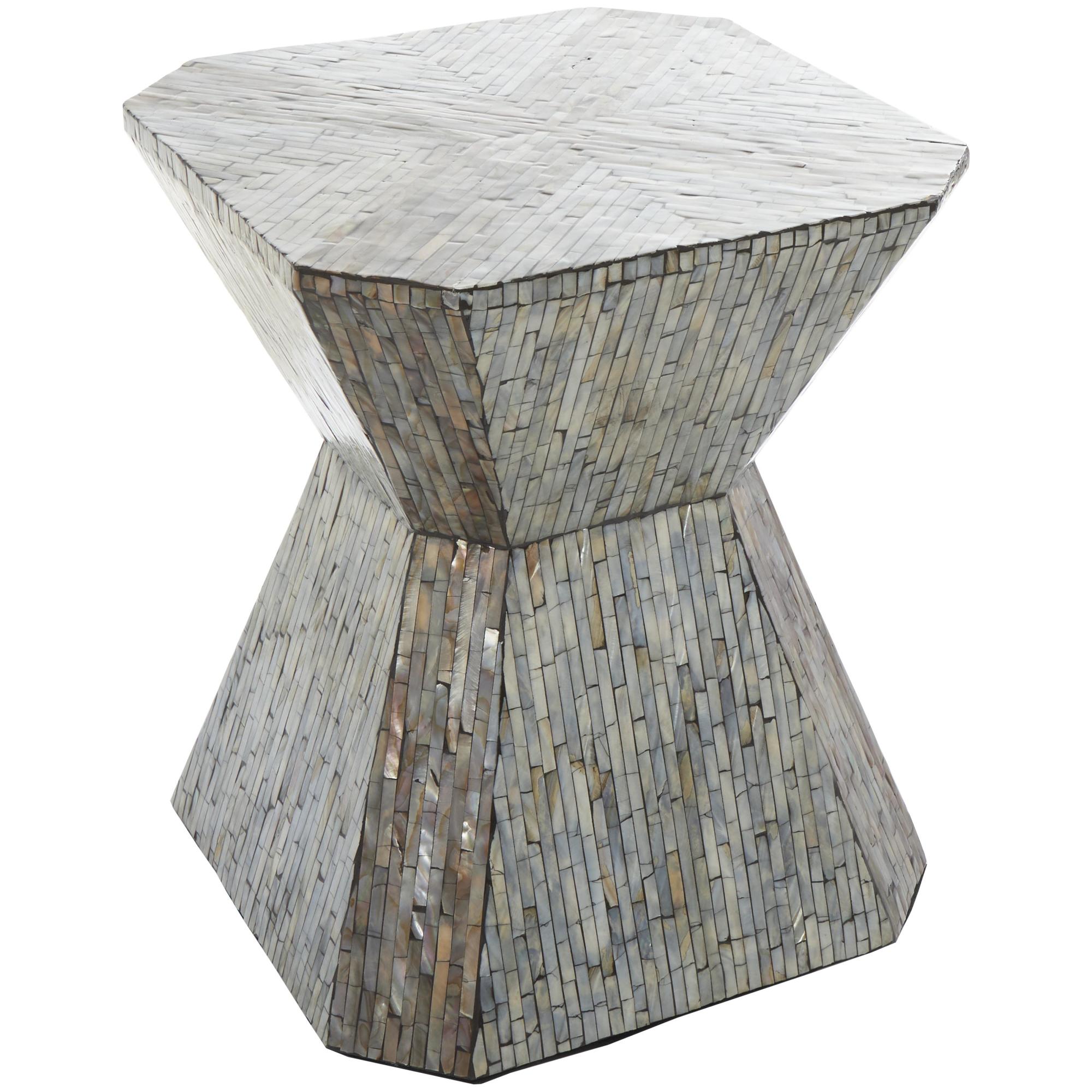 Geometric Gray Mother of Pearl Shell Handmade Hourglass Side End Accent Table with Linear Mosaic Pattern
