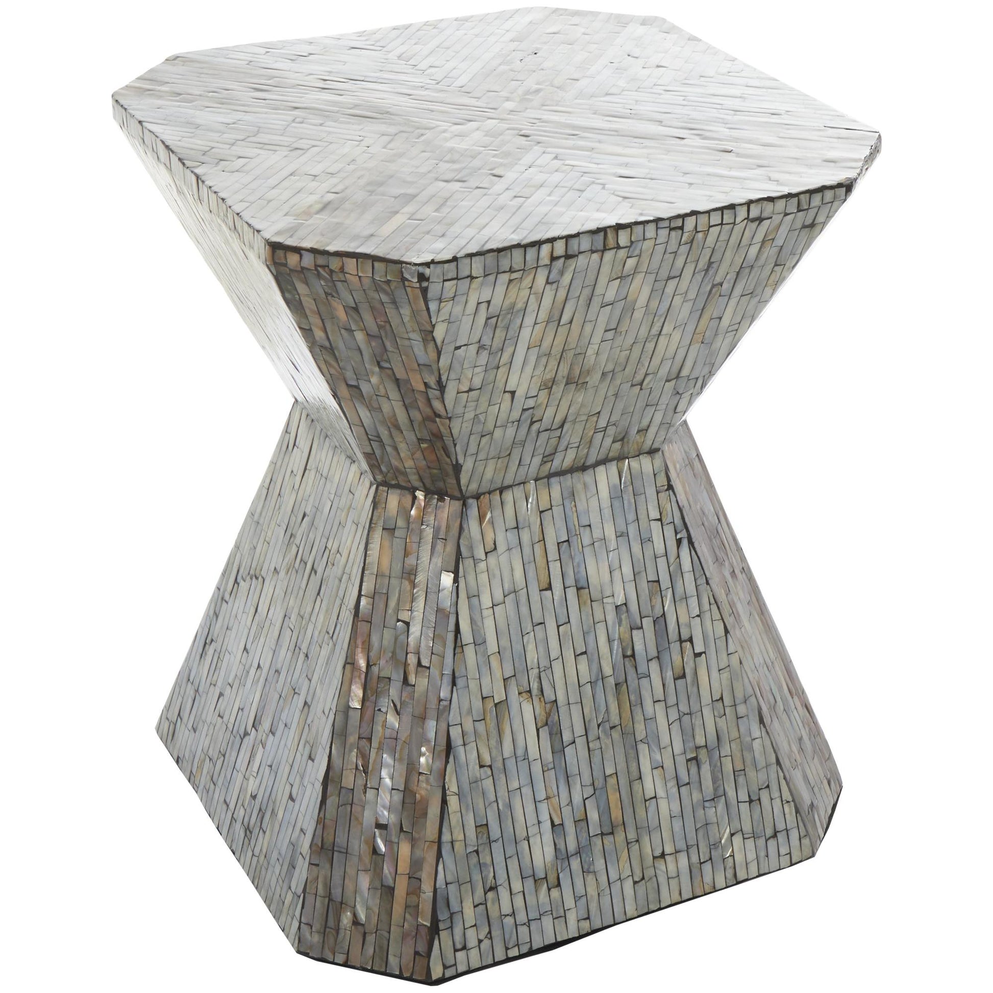 Geometric Gray Mother of Pearl Shell Handmade Hourglass Side End Accent Table with Linear Mosaic Pattern