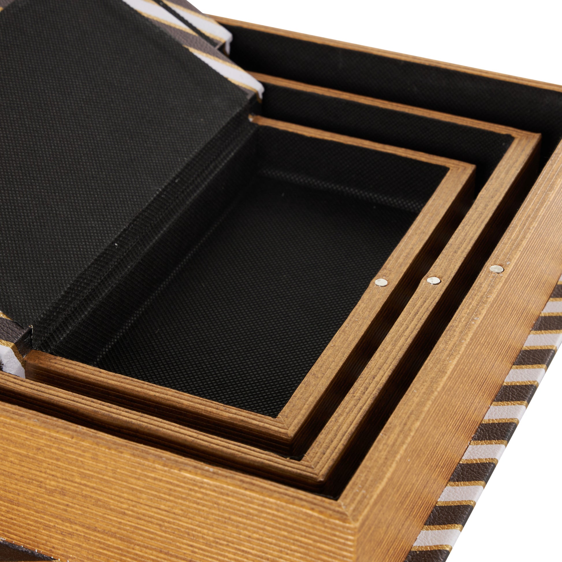 Set of 3 Black Faux Leather Striped Faux Book Storage Decorative Box with White and Metallic Gold Accents