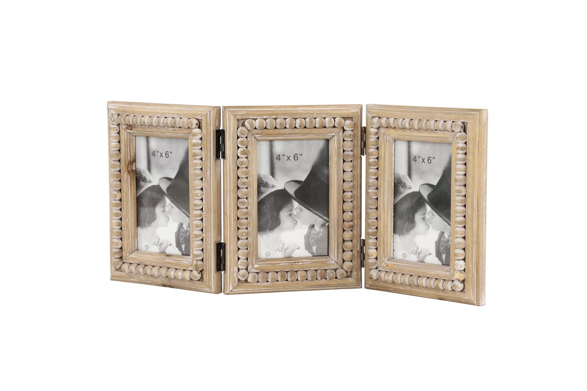 Brown Wood Beaded 3 Slot Ornate Photo Frame