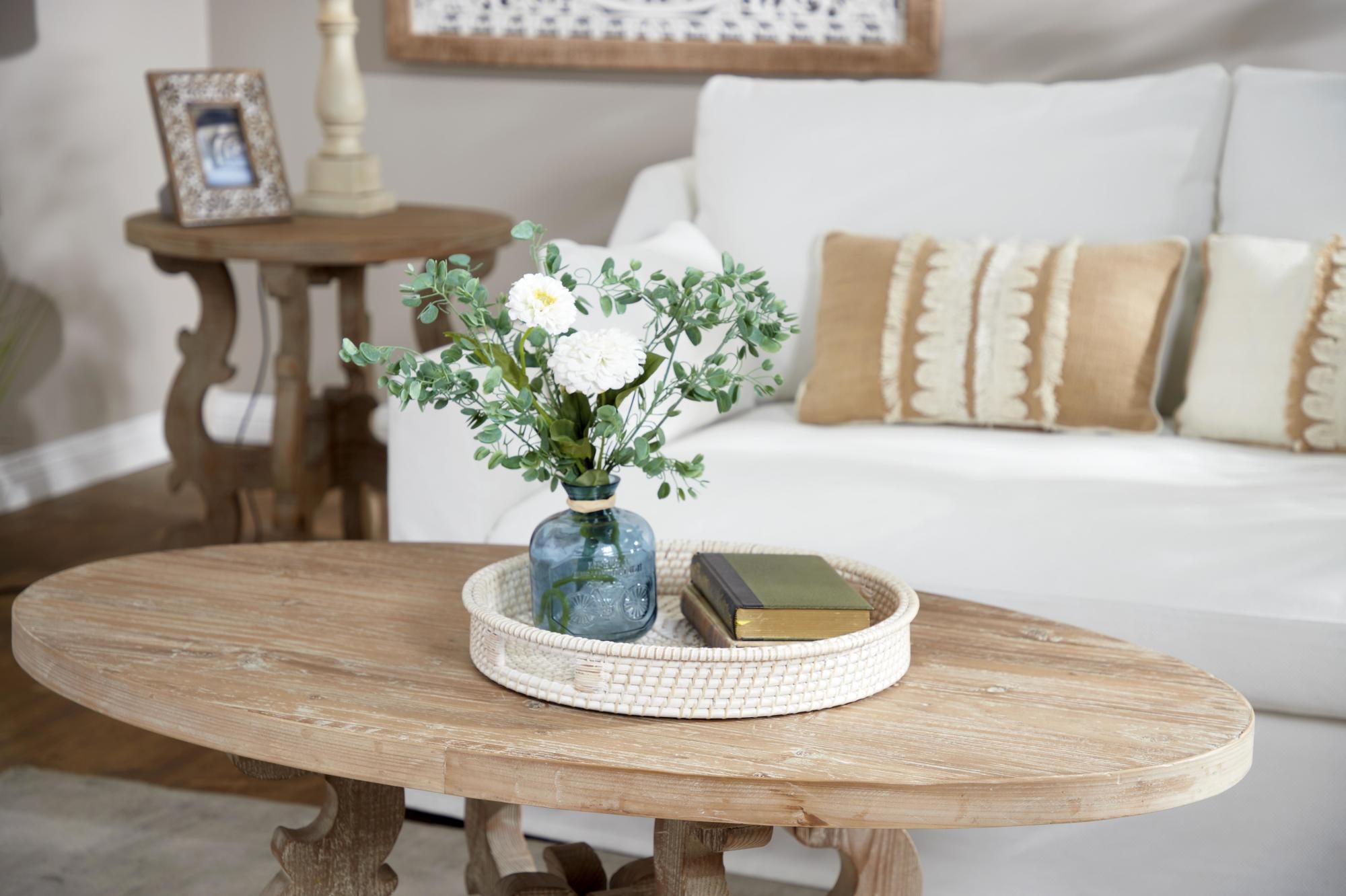Set of 2 Cream Rattan Living Room Decor Tray with Slot Handles