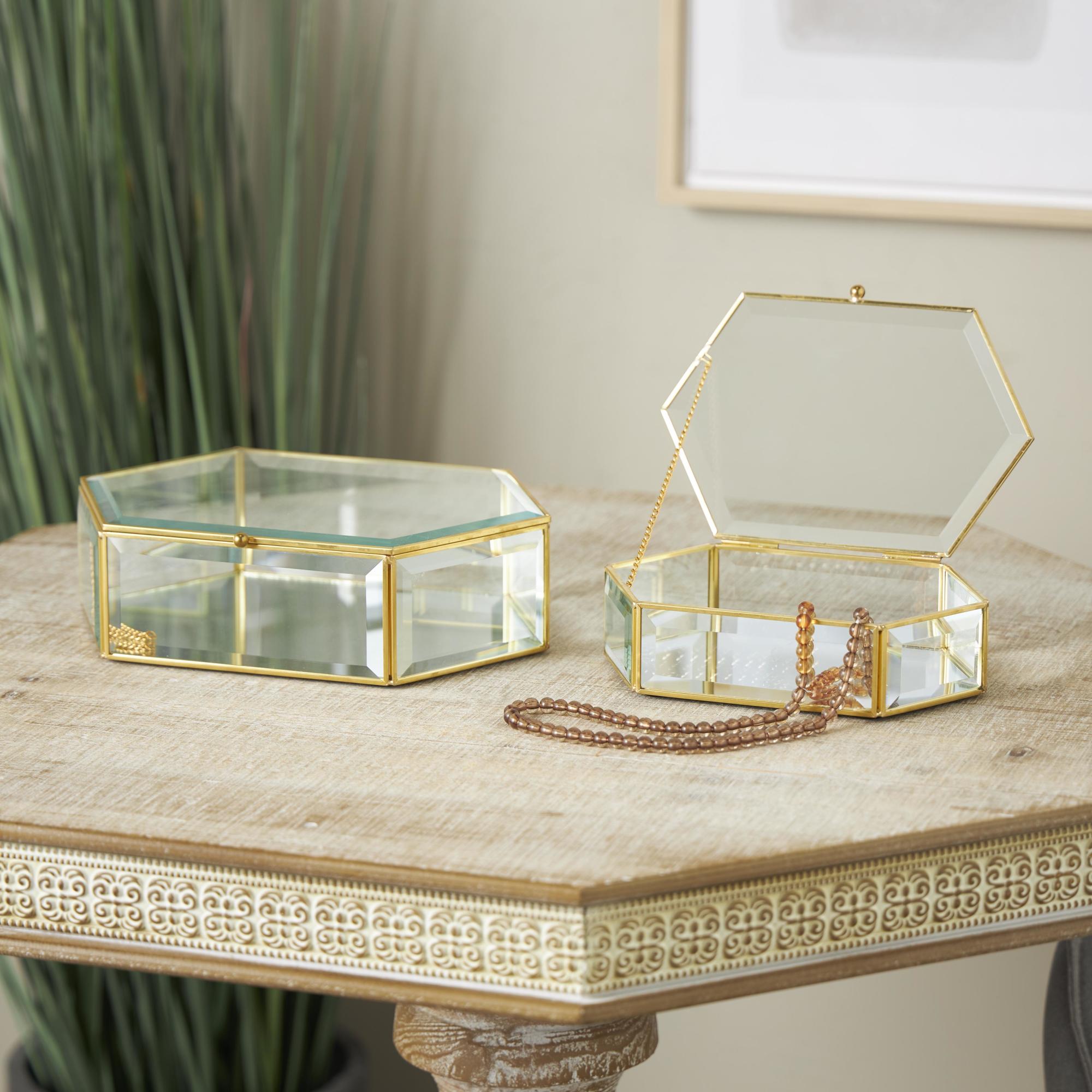 Set of 2 Geometric Clear Glass Beveled Hexagon Decorative Jewelry Box with Gold Metal Frame and Chain Accent