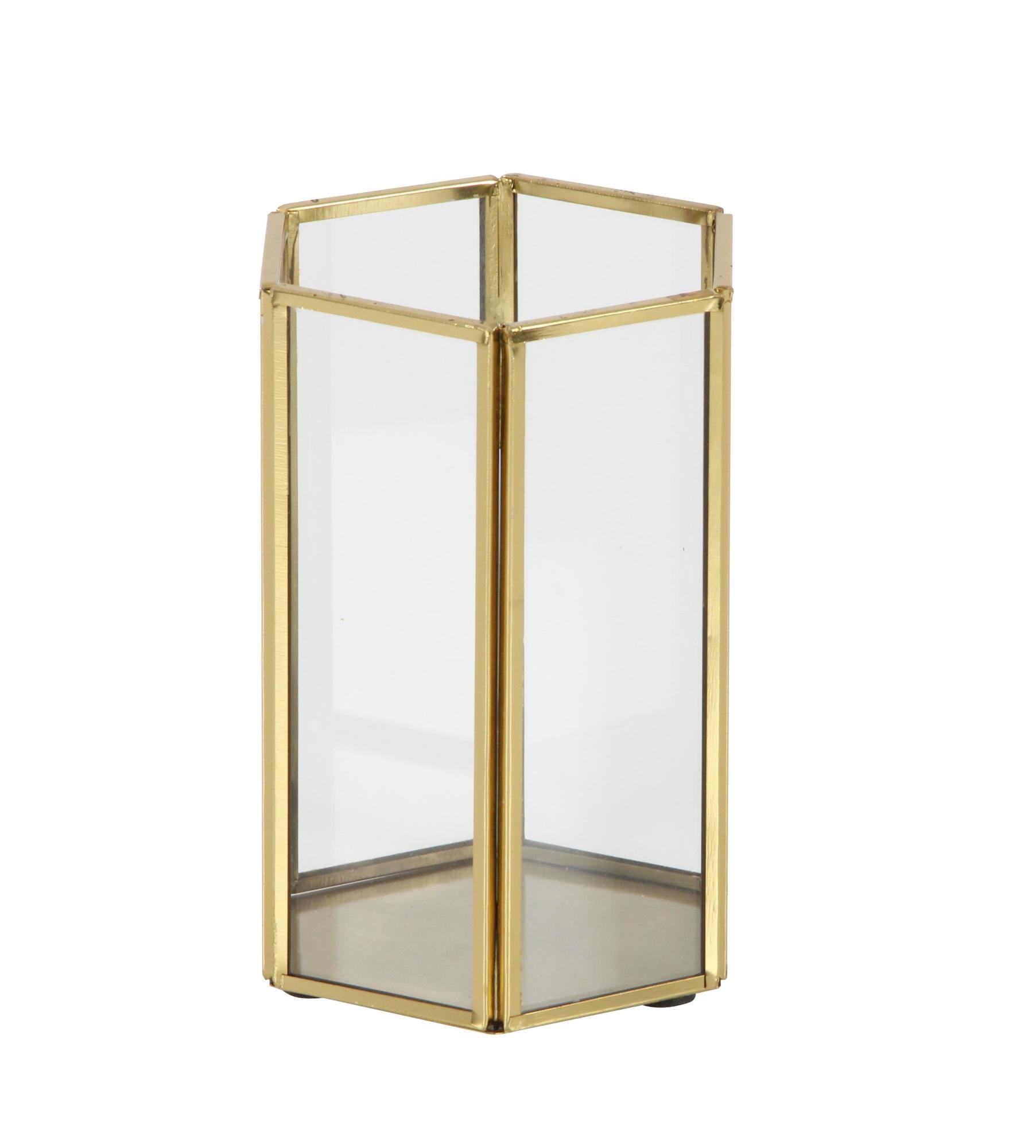 CosmoLiving by Cosmopolitan Set of 3 Gold Glass Decorative Indoor Outdoor Candle Lantern with Metal Plate