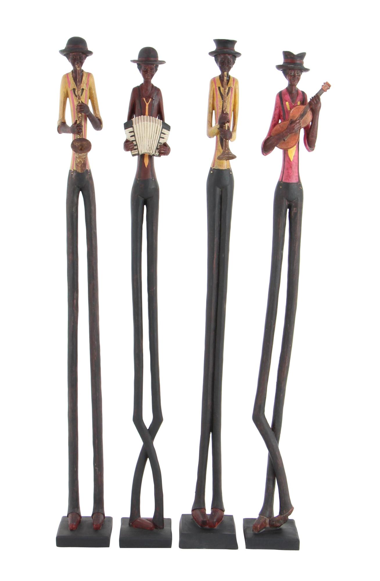 Set of 4 Musician Brown Polystone Tall Long Legged Jazz Band Decorative Sculpture with Black Base Stand