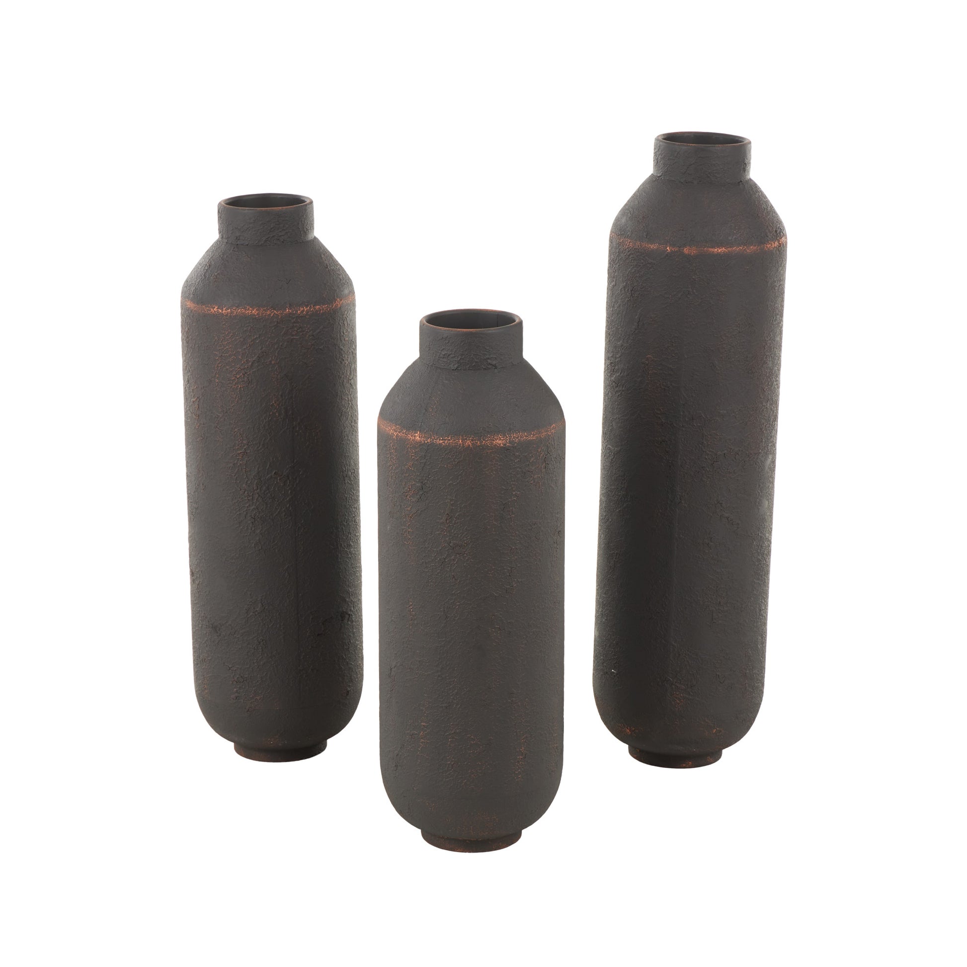 Set of 3 Dark Brown Metal Floor Decorative Vase with Copper Accents