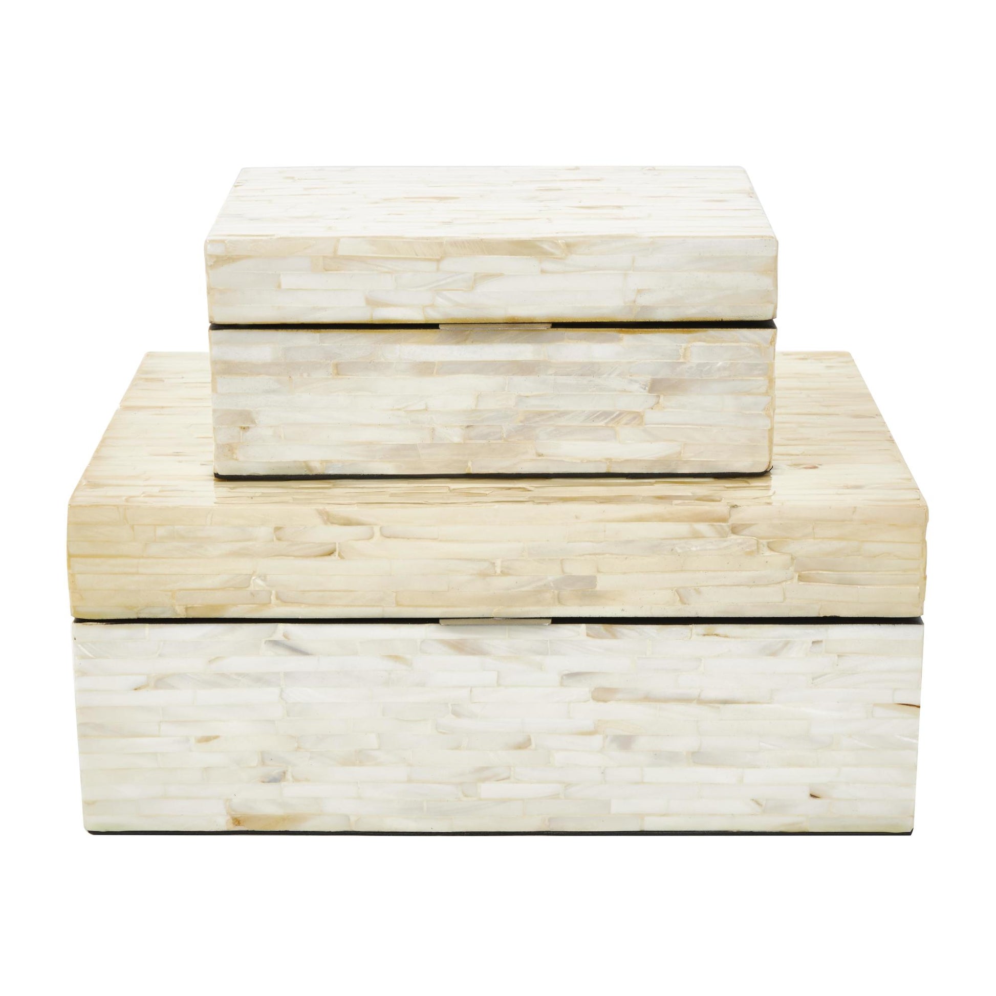 Set of 2 White Mother of Pearl Shell Handmade Decorative Box with Linear Mosaic Pattern and Hinged Lid
