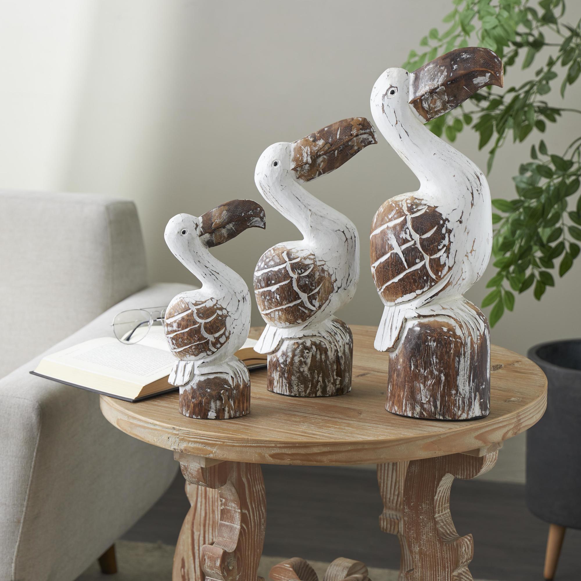 Set of 3 Pelican White Wood Handmade Distressed Decorative Sculpture with Brown Accents