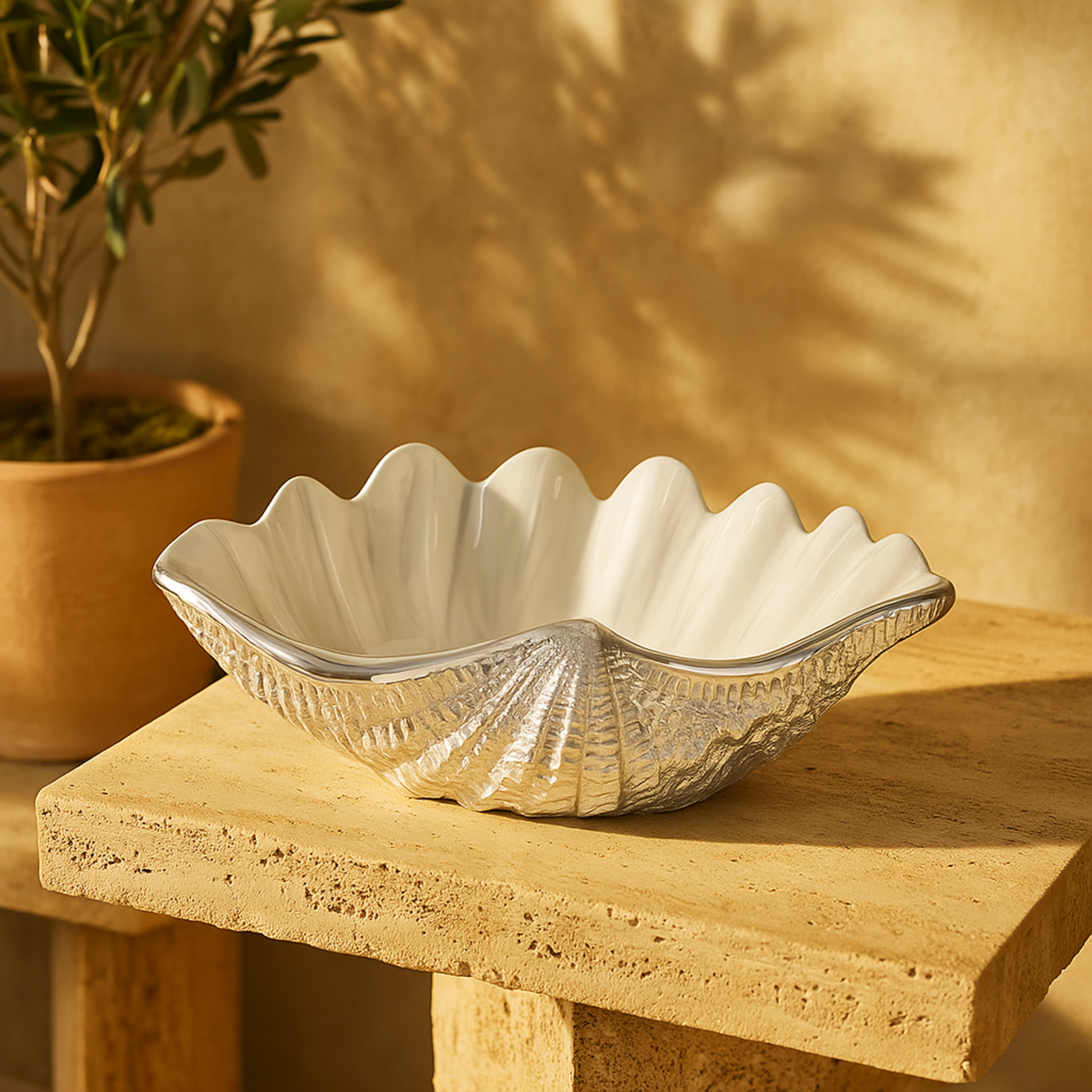 Shell White Aluminum Metal Shell Decorative Serving Bowl with Enamel Interior