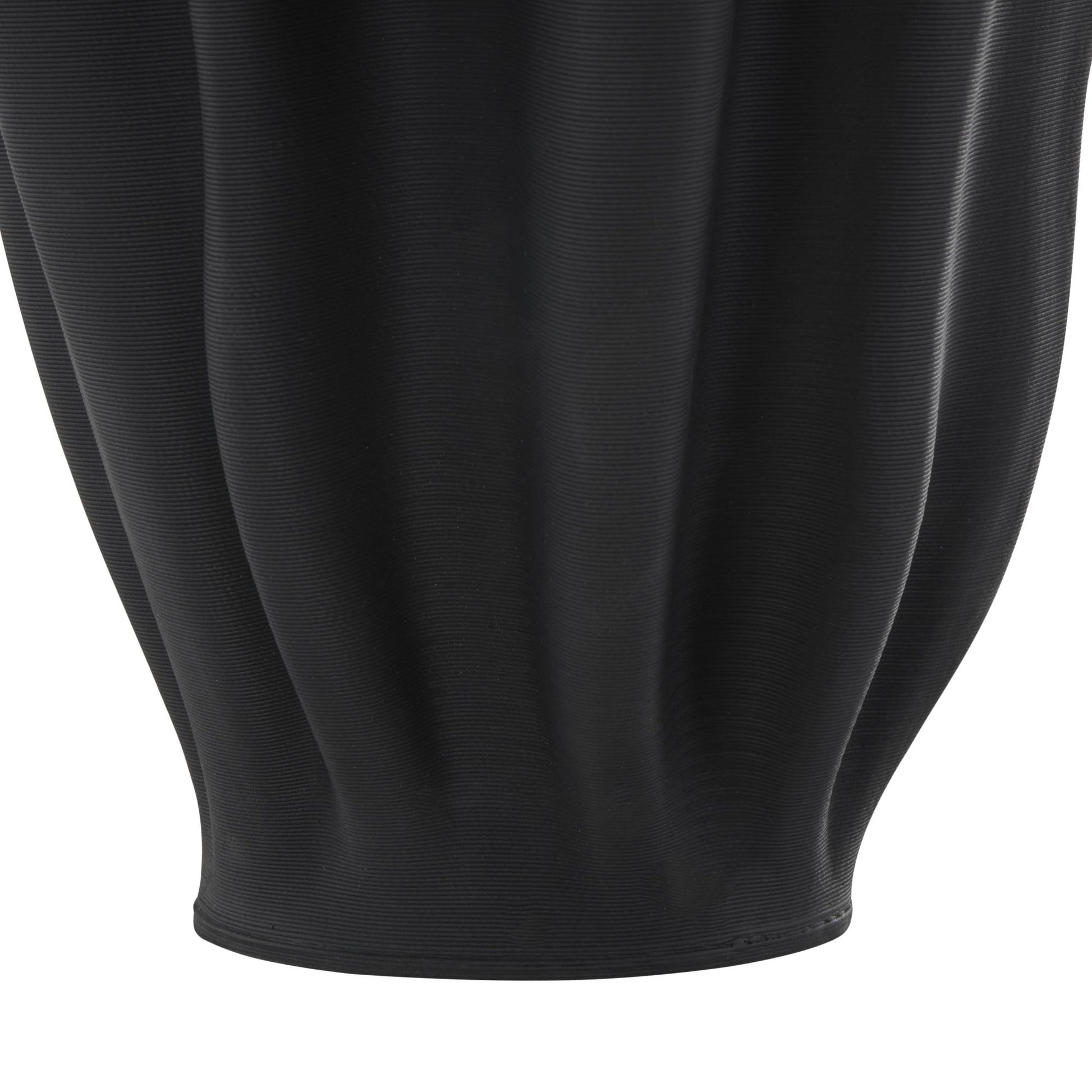 Abstract Black Ceramic Dimensional Ribbed Tulip Decorative Vase with Angular Rim