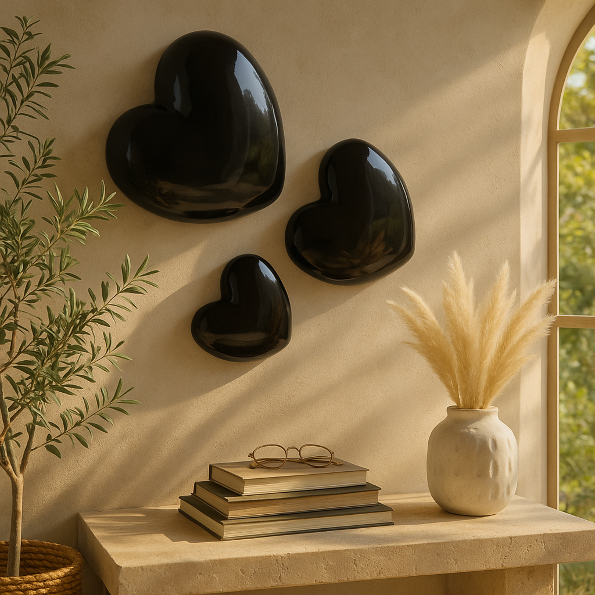 Set of 3 Heart Ceramic Slanted Home Wall Decor with Varying Sizes