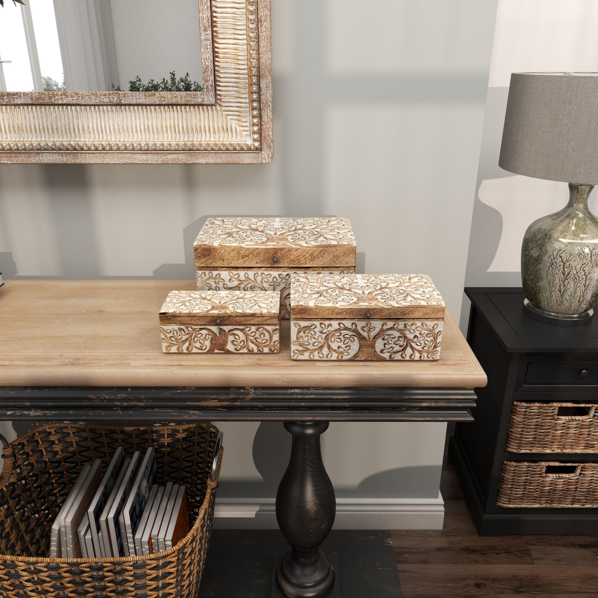 Set of 3 Tree Brown Mango Wood Carved Decorative Box with White Backing