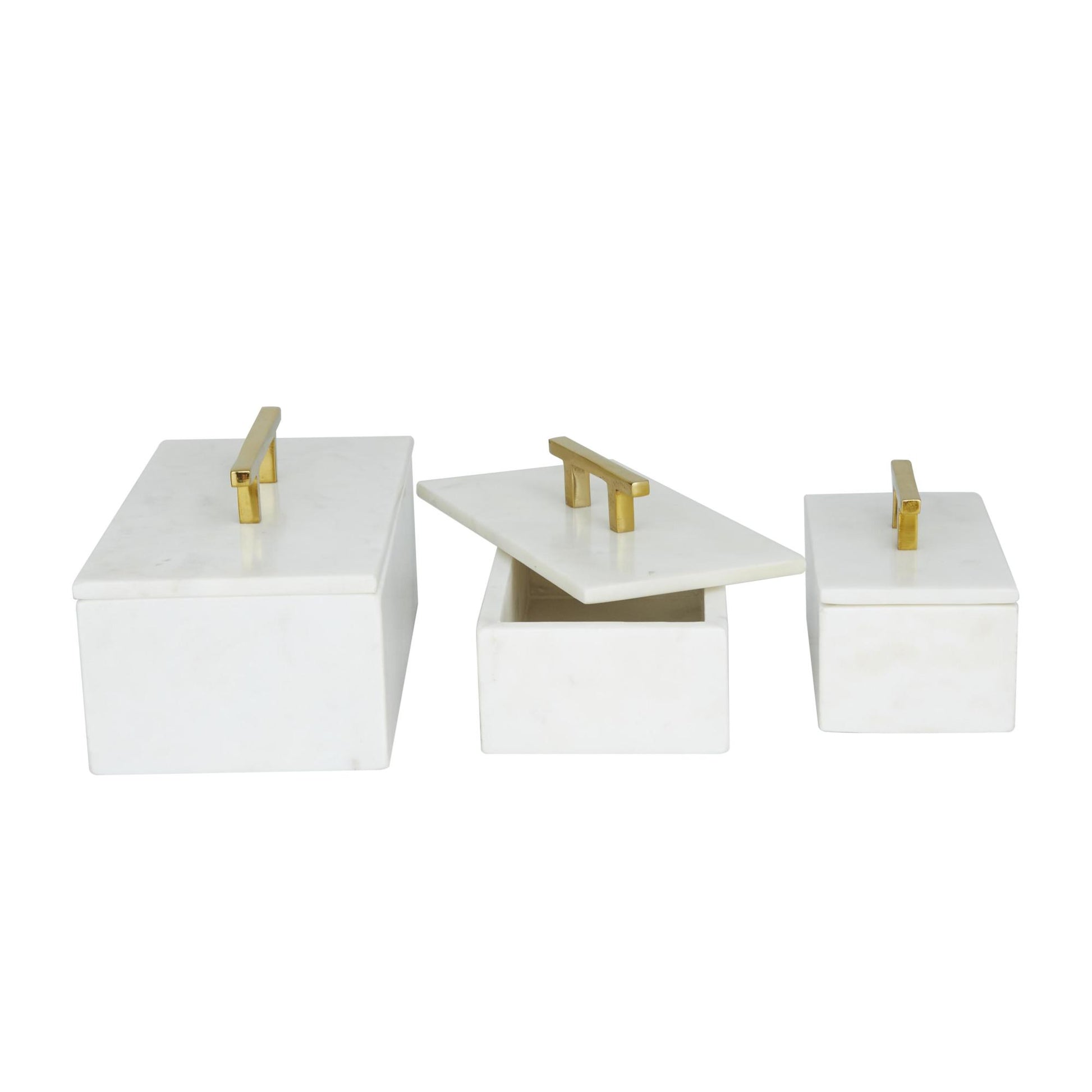 Set of 3 Marble Decorative Box with Aluminum Bar Handles Set of 3 12", 10", 8"W