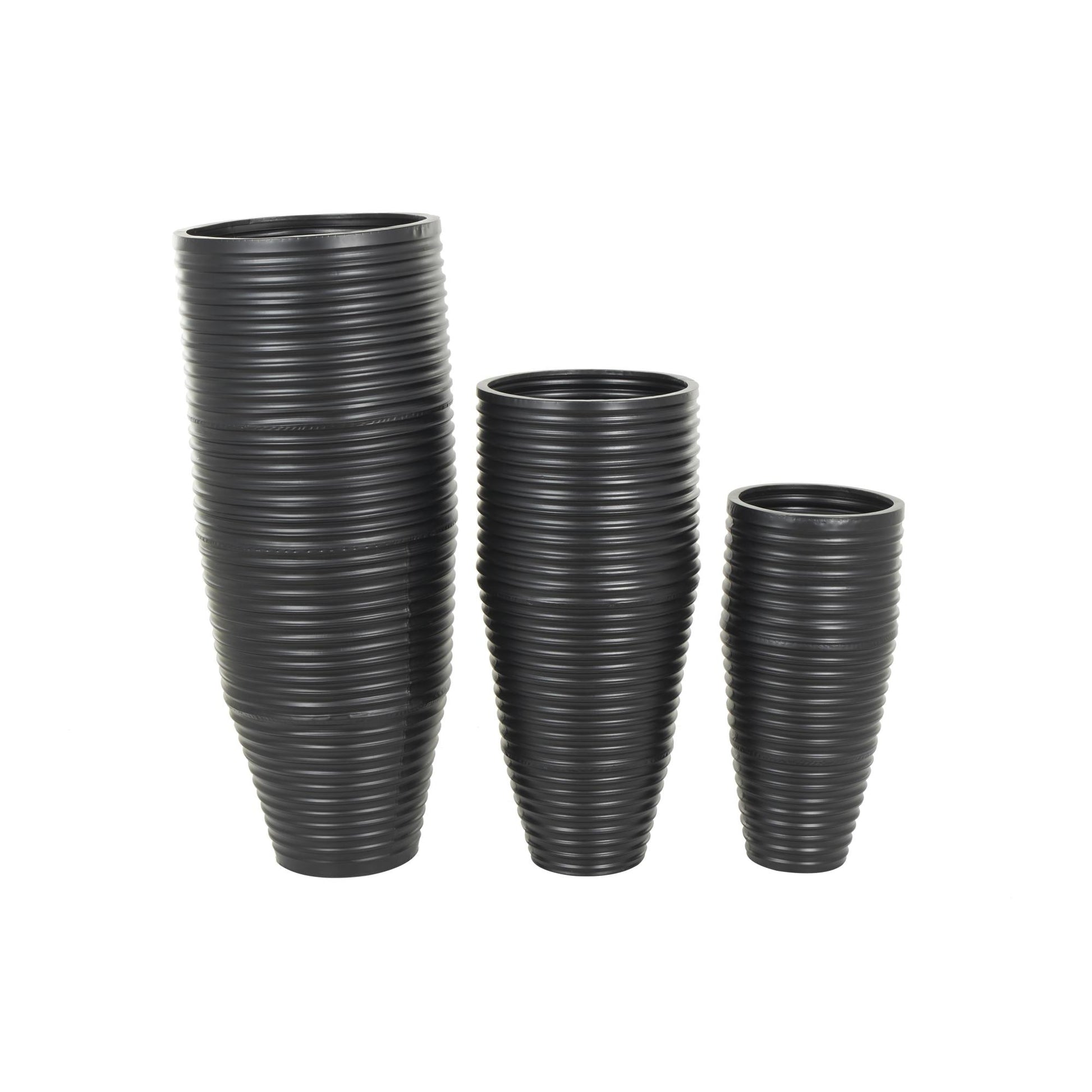 Set of 3 Black Metal Ribbed Tall Floor Decorative Vase with Horizontal Grooves