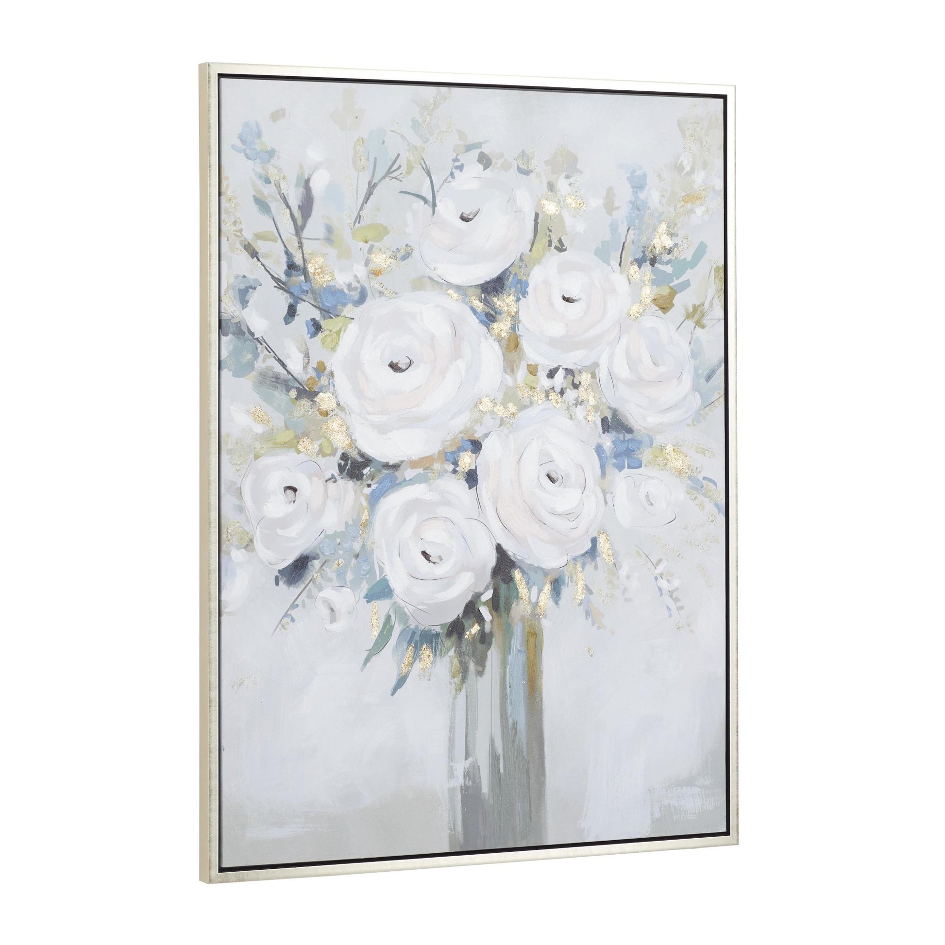 Floral White Canvas Bouquet Living Room Framed Wall Art with Silver Frame