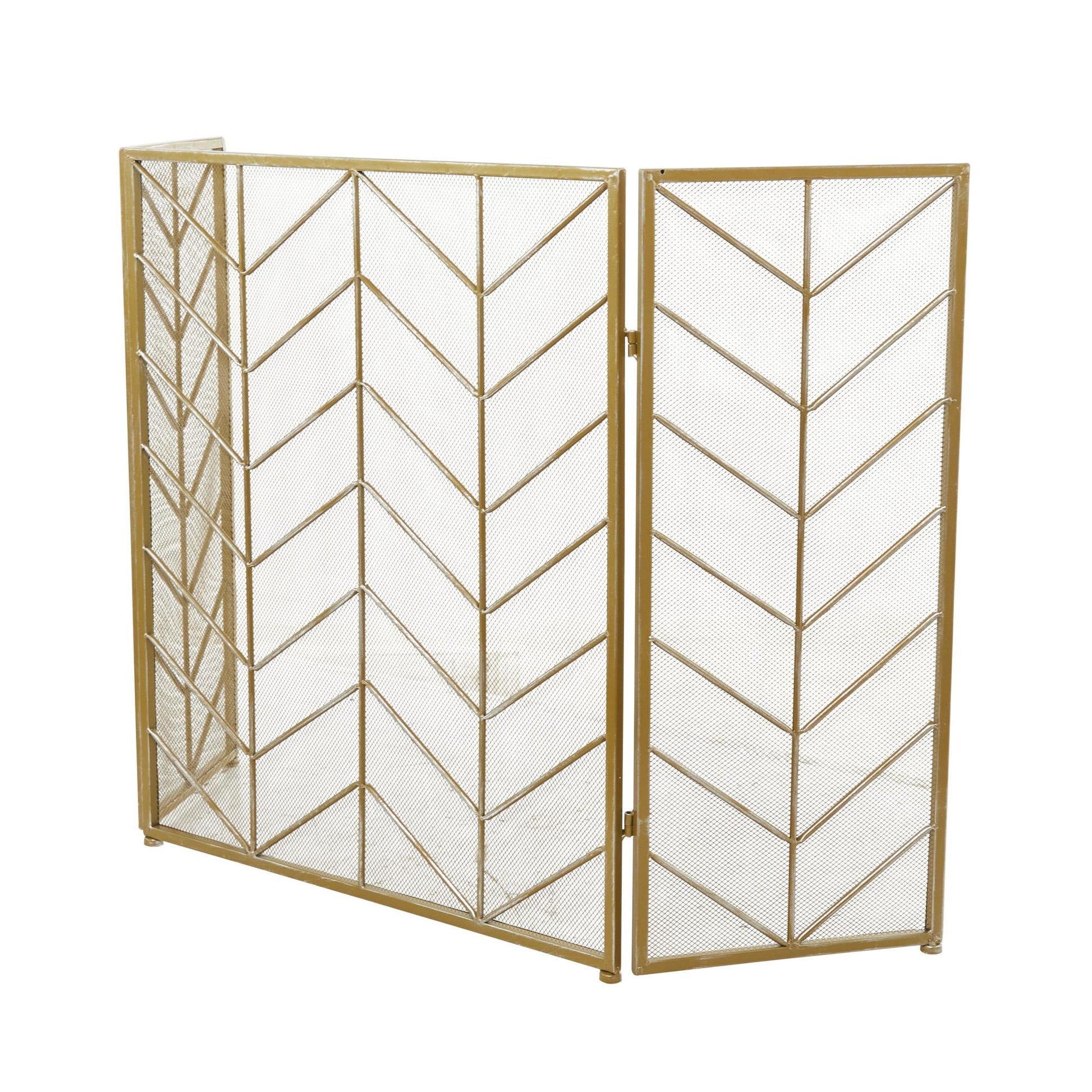 Geometric Metal Foldable Mesh Netting 3 Panel Living Room Fireplace Screen with Chevron Pattern