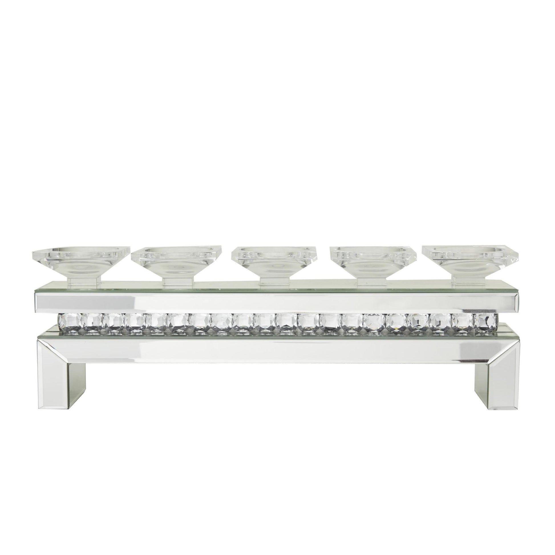 Silver Wooden Pillar 5 Plate Decorative Candelabra with Mirrored Accents
