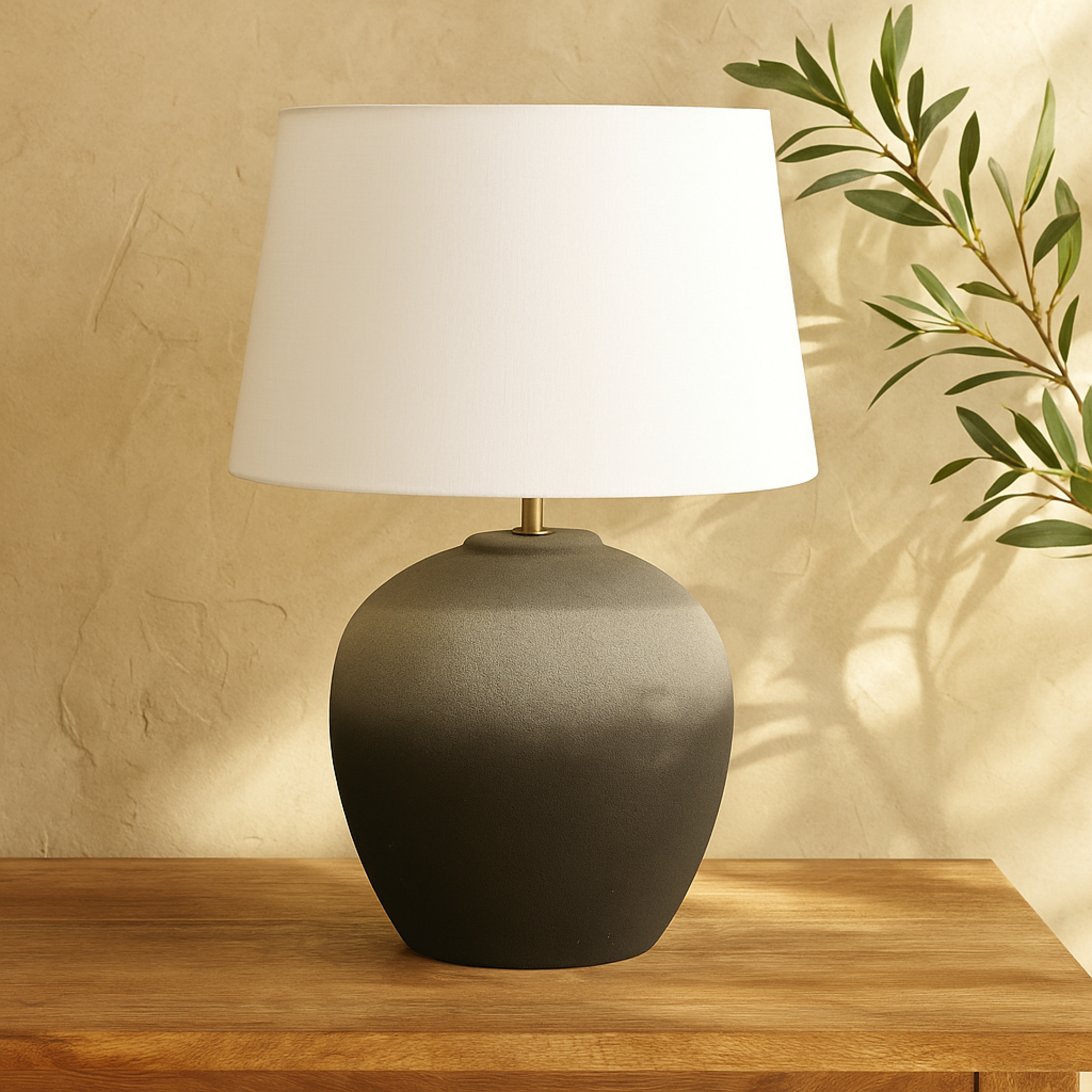 Black Ceramic Wide Rounded Textured Ombre Room Table Lamp with White Linen Shade