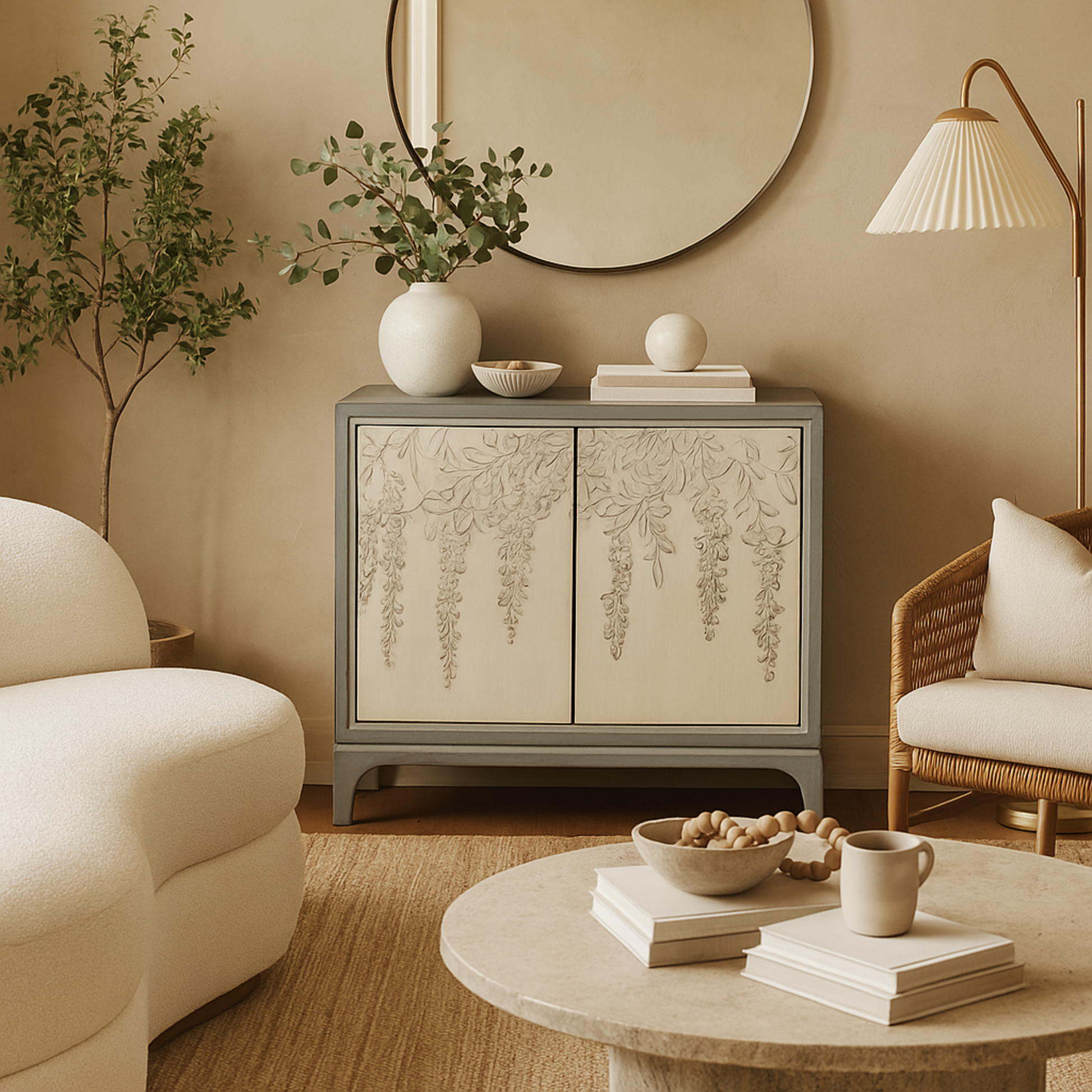Floral Gray Wooden Relief 2 Door Room Cabinet with Cream Front Doors and Cascading Leaf Design