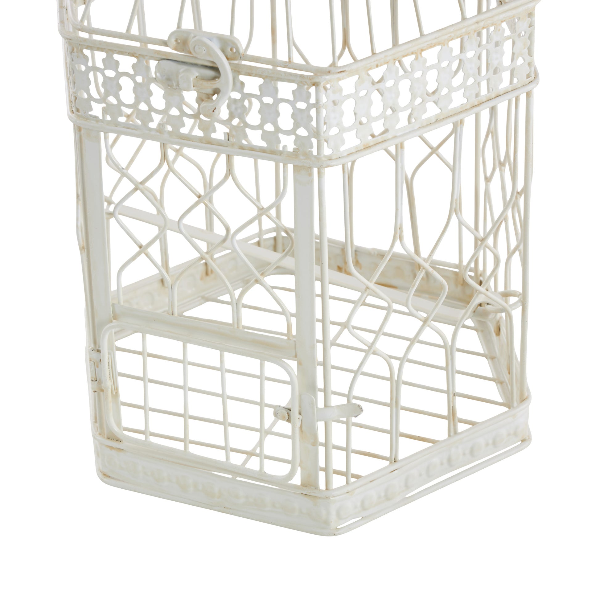 Set of 2 Scroll Cream Metal Distressed Wire Decorative Birdcage with Latch Lock Closure and Hanging Hook