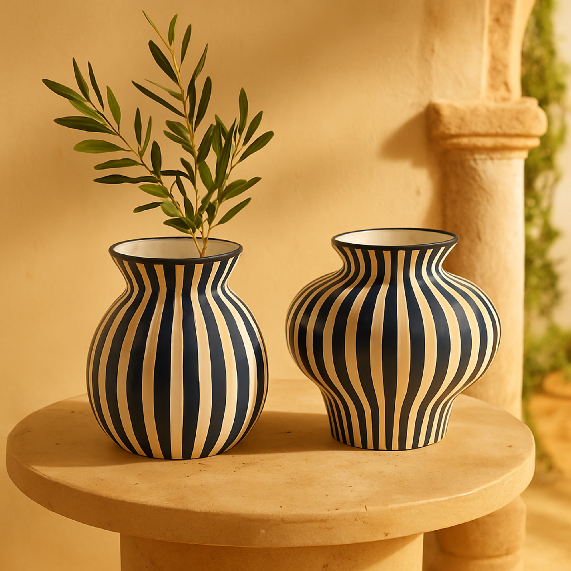 Set of 2 Blue Ceramic Striped Rounded Decorative Vase with Varying Shapes