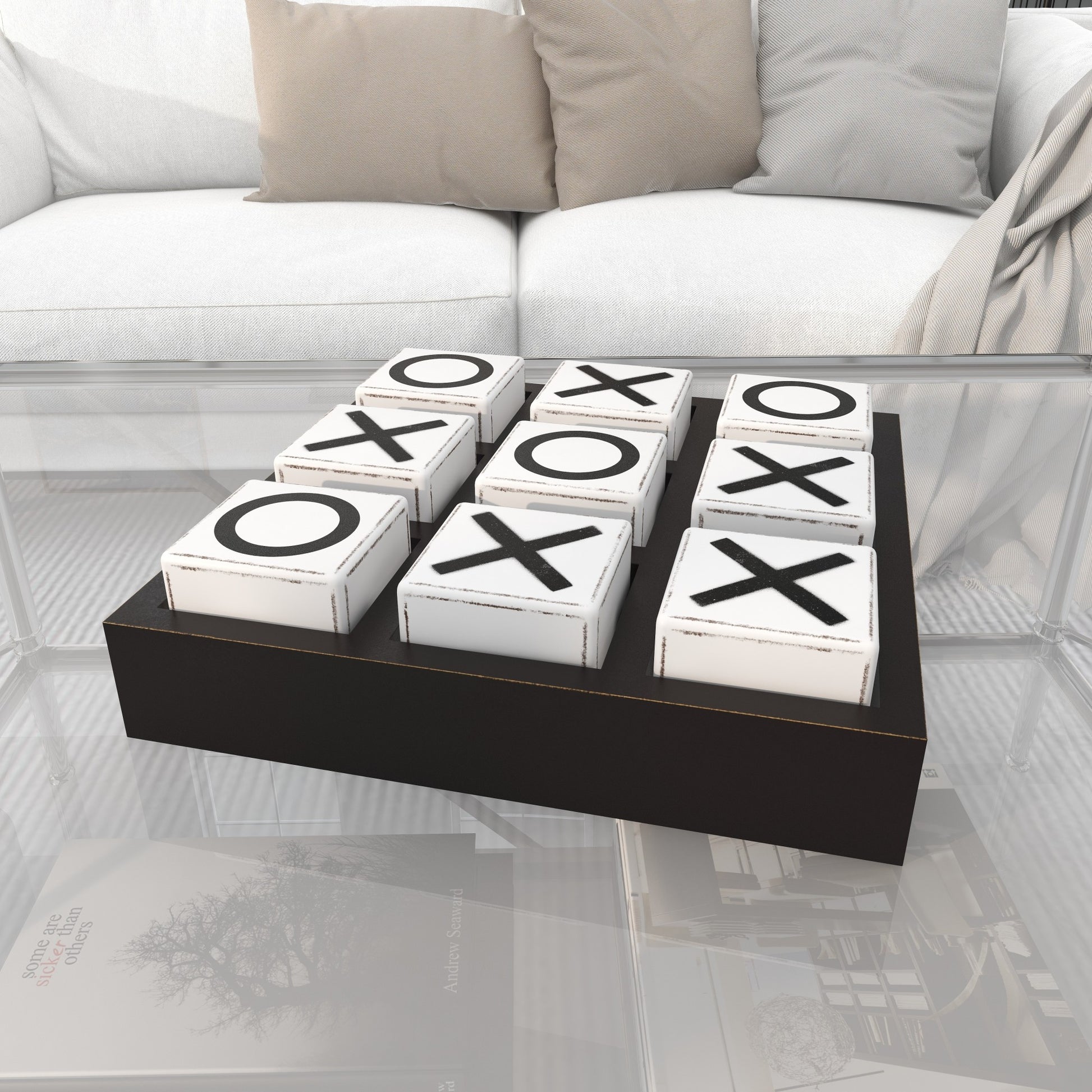 Tic Tac Toe Black Wooden Home Decor Game Set with White Block Pieces
