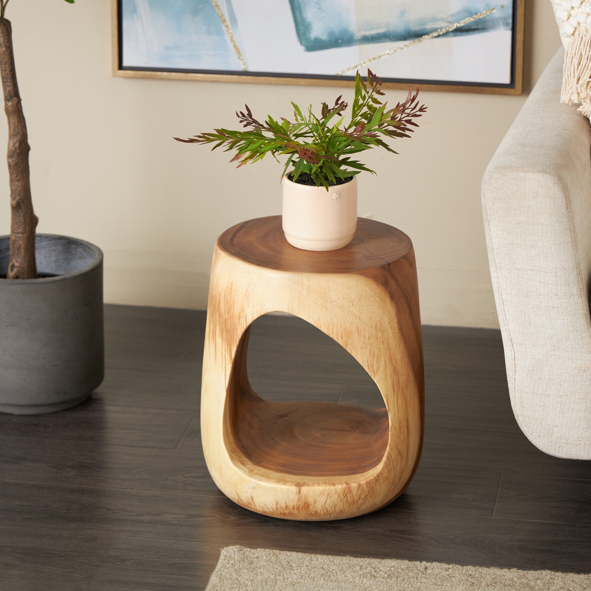 Brown Teak Wood Handmade Side End Accent Table with Abstract Triangle Cutout