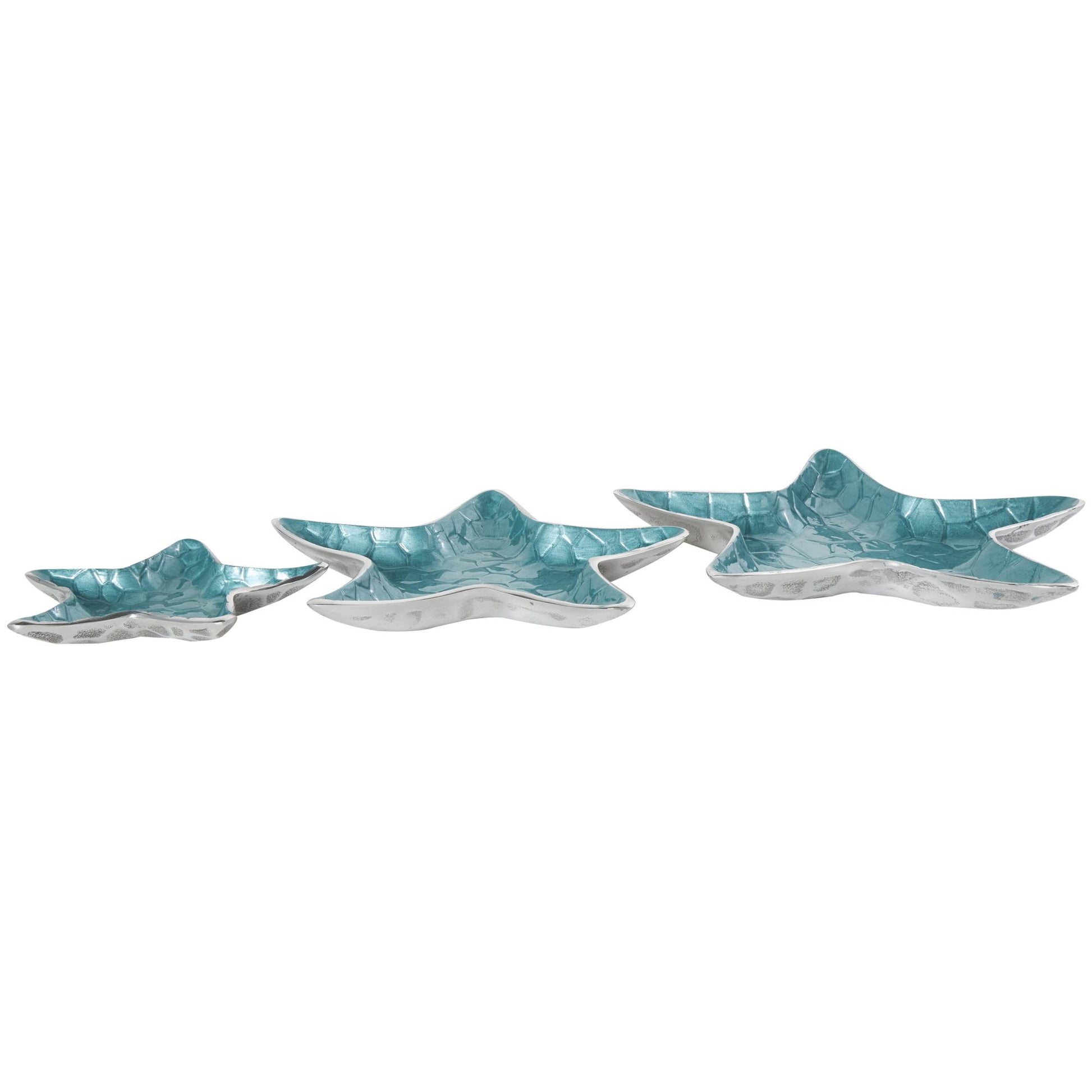Set of 3 Starfish Aluminum Metal Handmade Textured Enameled Large Decorative Bowl with Silver Base