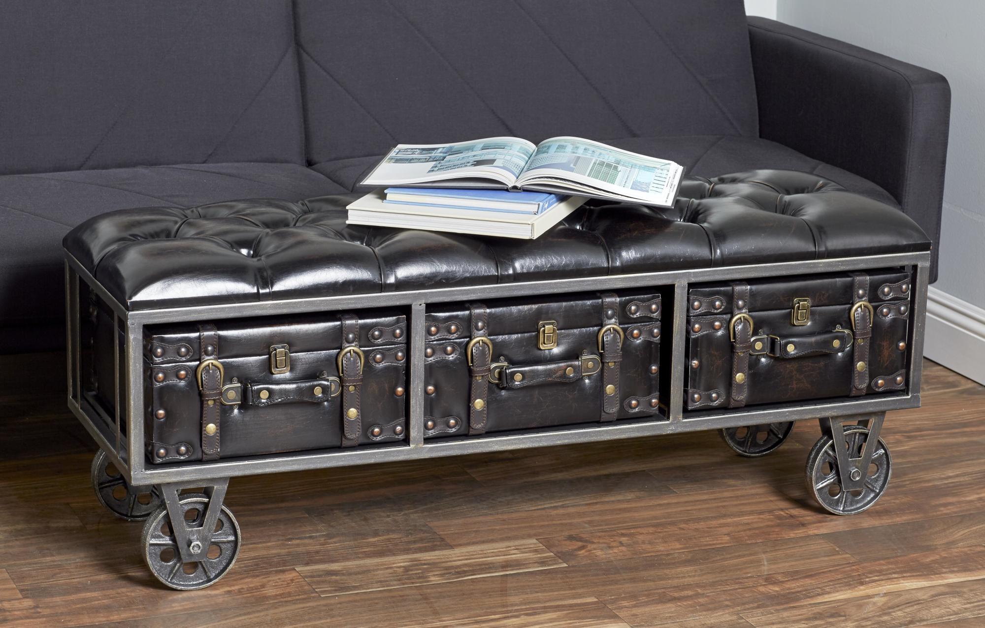 Black Faux Leather Tufted Upholstered 3 Trunk Room Storage Bench with Wheels