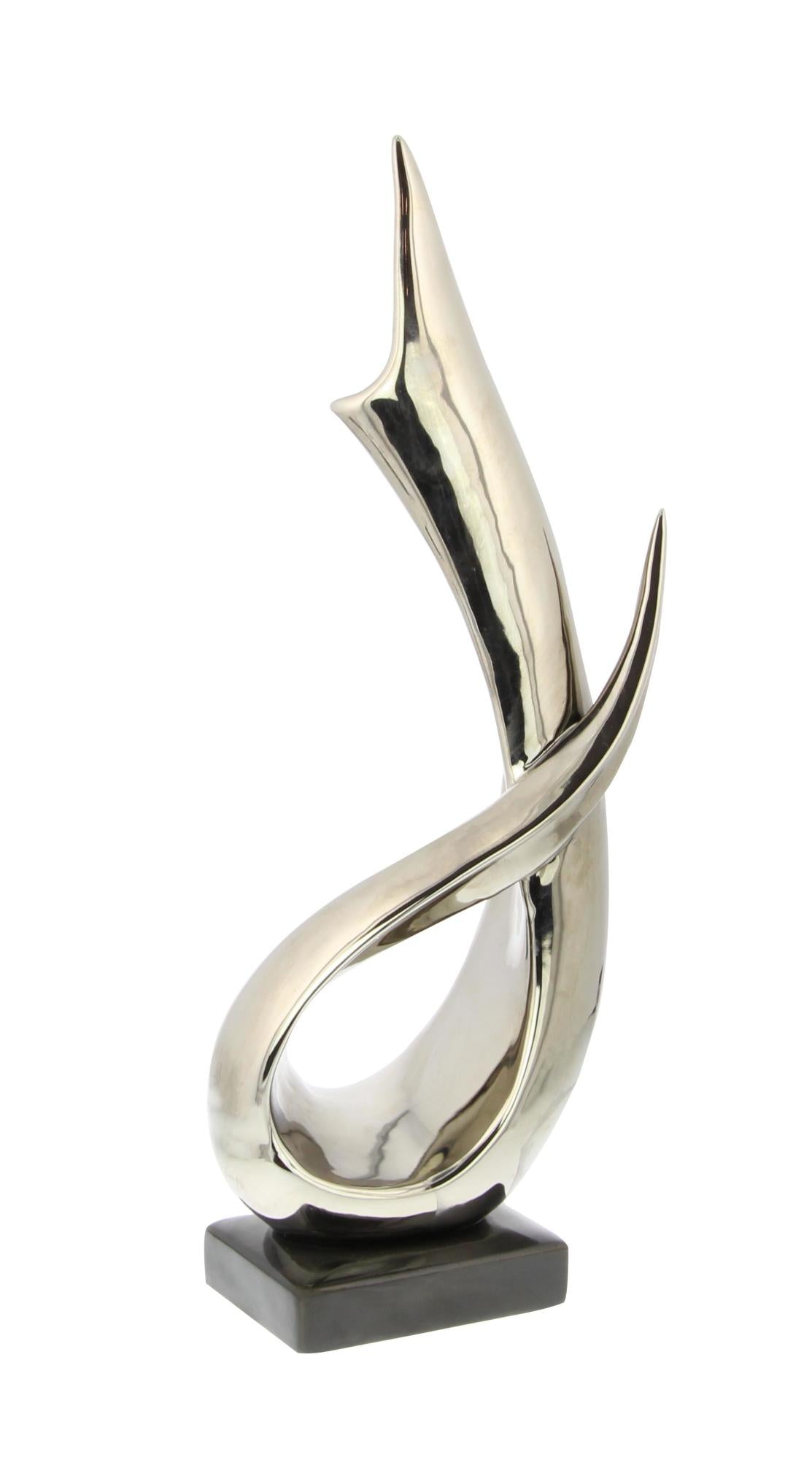 Abstract Silver Porcelain Ceramic Decorative Sculpture with Black Base