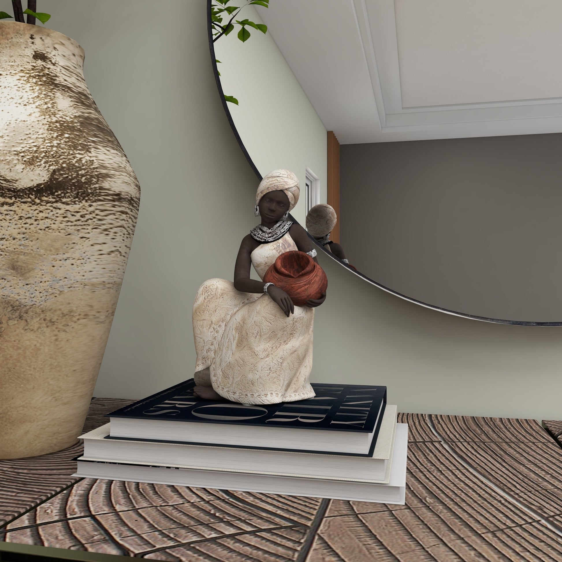 Woman Cream Polystone Sitting African Decorative Sculpture with Red Water Pot