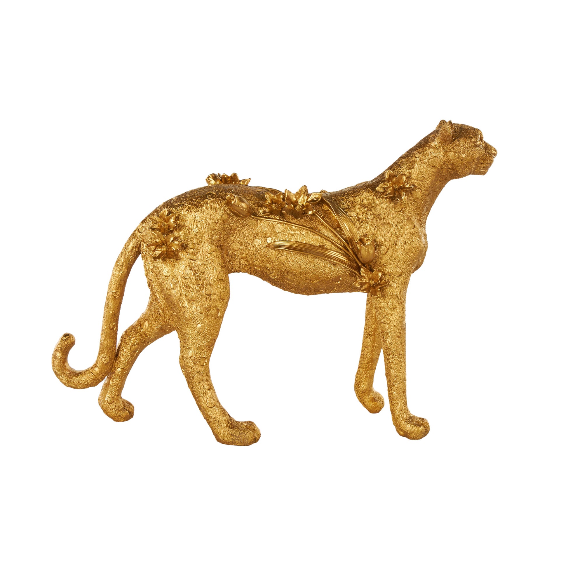 Leopard Gold Resin Standing Decorative Sculpture with Textured Spots and Floral Accents