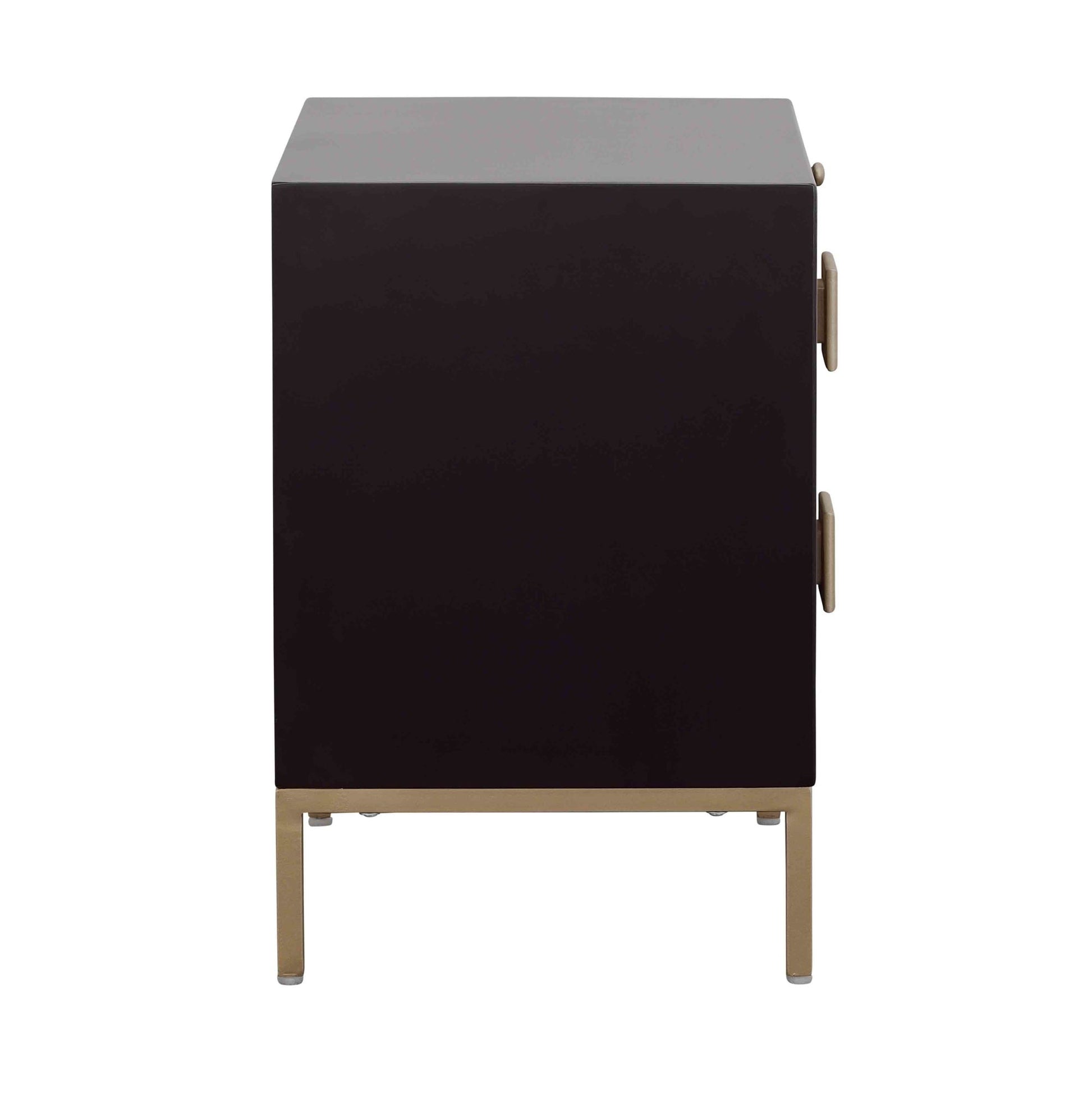 Geometric Black Wooden Ribbed Two-Toned Triangle Cut 2 Drawer Room Dresser with Gold Square Block Handles and Hidden Pullout Shelf
