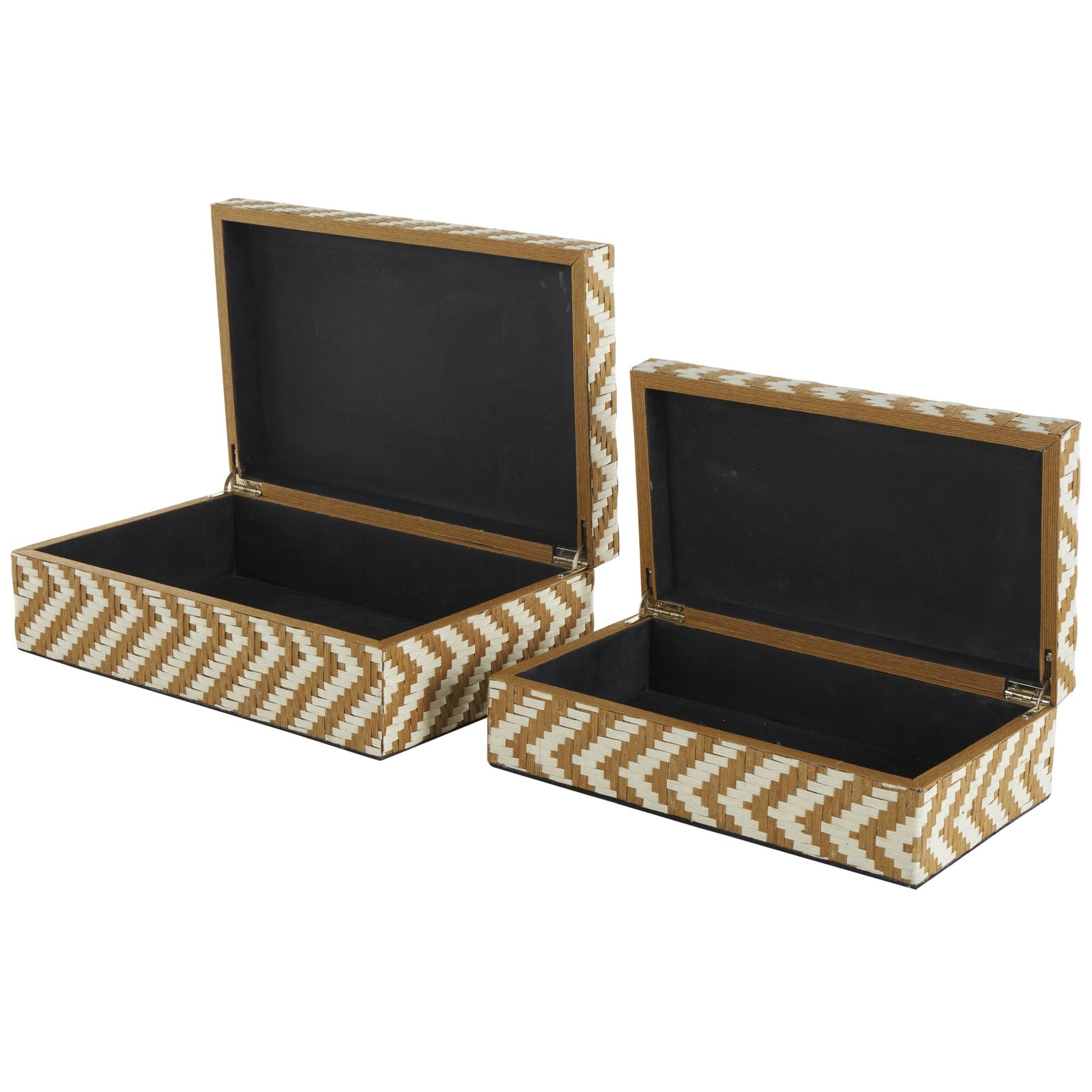 Set of 2 Geometric Brown Paper Handmade Woven Zig Zag Storage Decorative Box with Cream Accents