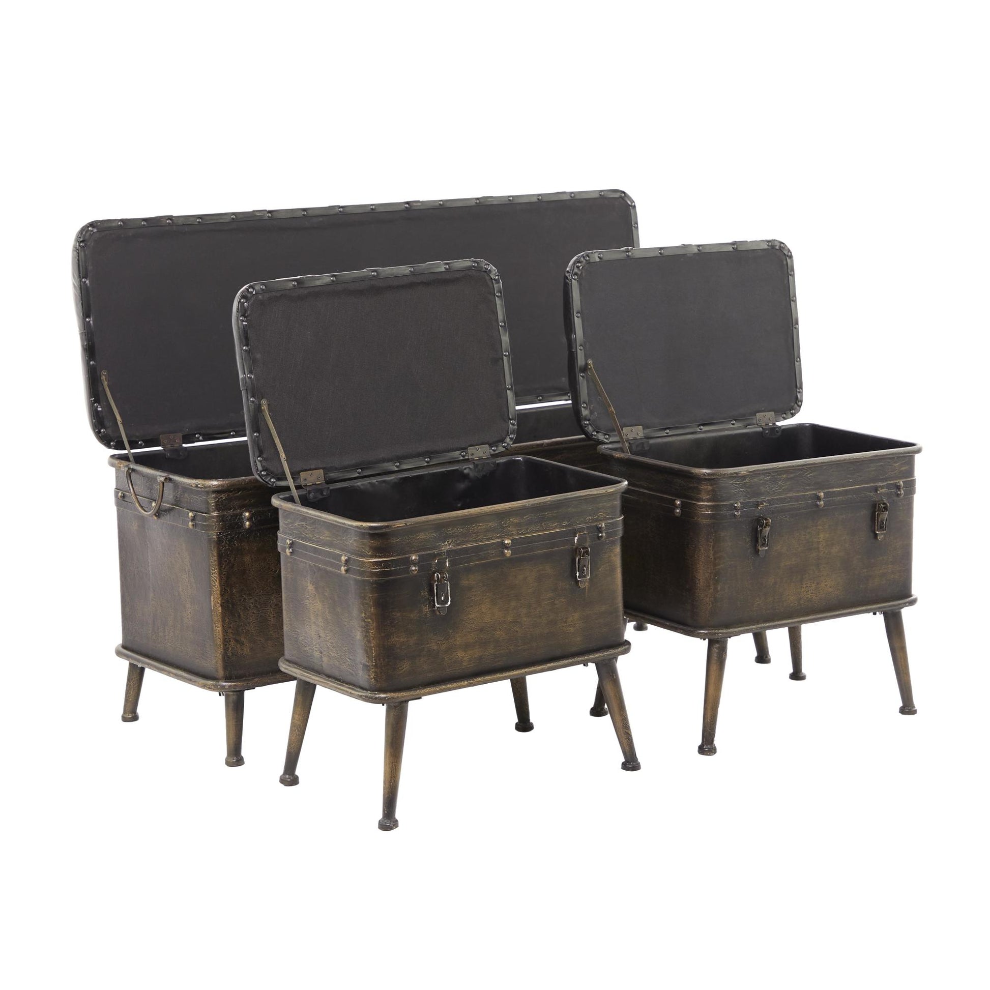 Set of 3 Bronze Metal Weathered Room Storage Bench with Dark Brown Tufted Faux Leather