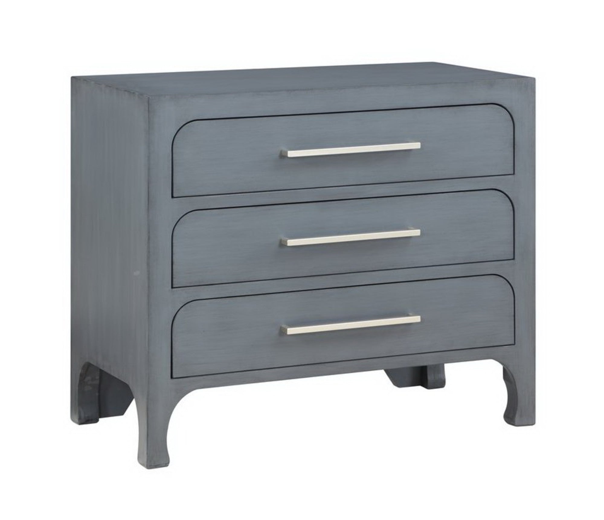 Blue Wooden 3 Drawer Room Dresser with Curved Drawer Frames and Legs and Silver Bar Handles